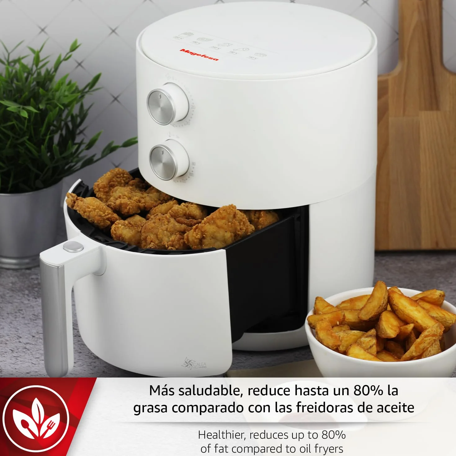 Magefesa Calea - Freidora de Aire Blanca de 3L, 1500W, Control de Temperatura, Multifunción, Cocina Sana, Base Antideslizante, Libre de BPA