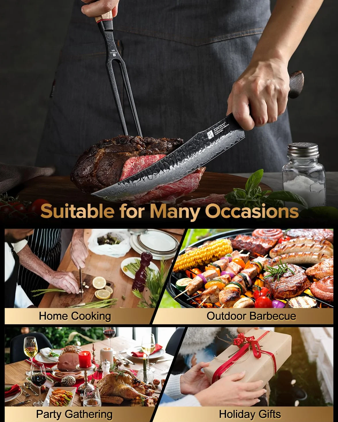 XINZUO 31,5cm Tenedor de Trinchar de Carne Acero Inoxidable 430 -Profesional Tenedor de Barbacoa Chef de Cocina -Mango Ergonómico de Roble Blanco -con Caja de Regalo
