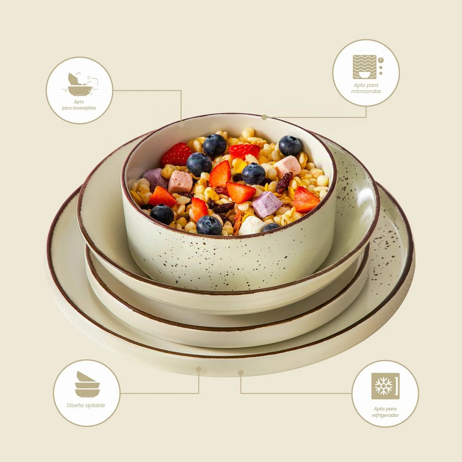vancasso NAVIA - Vajilla Completa de 24 Piezas para 6 Personas, Platos Vajilla Moderna de Gres - 6 Cuencos Cereales, 6 Postres, 6 Platos Llanos y 6 Hondos - Apto para Microondas y Lavavajillas - Beige