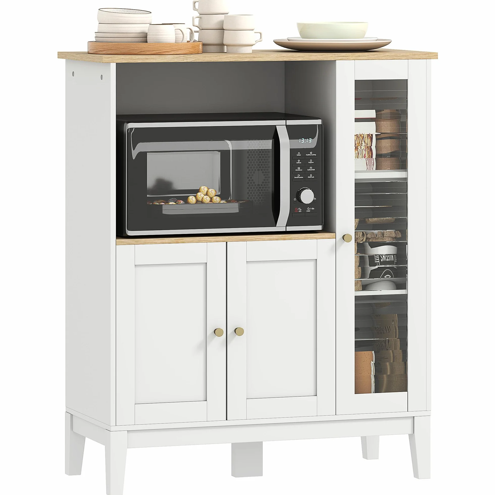 HOMCOM Mueble Auxiliar de Cocina Moderno Mueble para Microondas Aparador de Cocina con Estantes 3 Puertas Compartimiento Abierto y Sistema Anti-vuelco para Comedor 80x35x97 cm Blanco