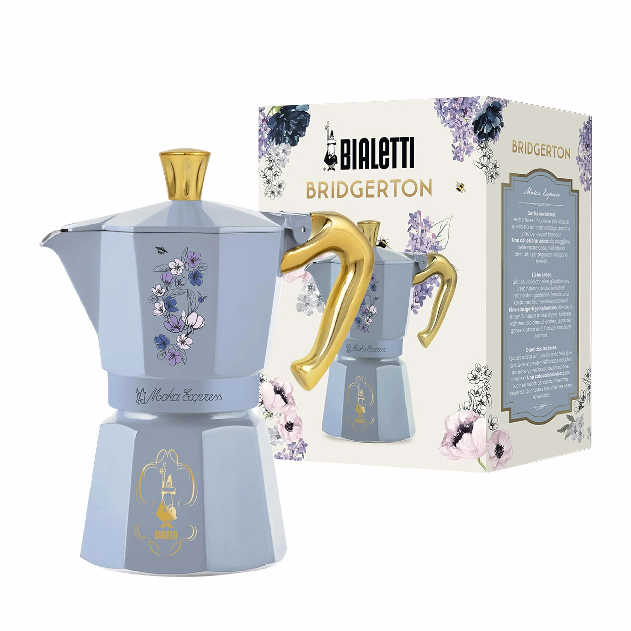 Bialetti Moka Express Bridgerton 6 tazas, asa antiquemaduras, no adecuada para inducción, 6 tazas (270 ml), aluminio