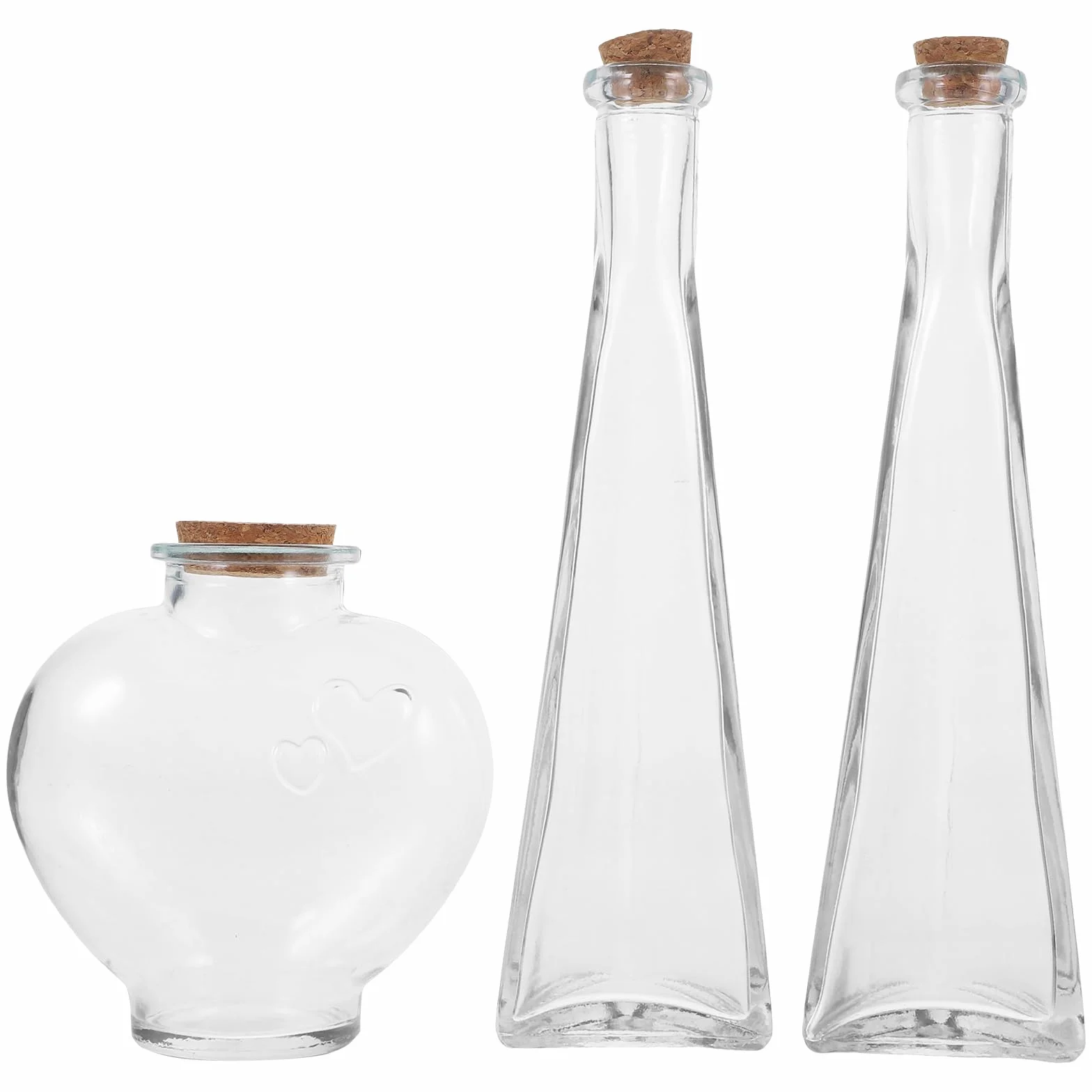 Beavorty Juego De Botellas Ceremonia De Arena Boda 3 Piezas Botellas De Vidrio Transparente Con Forma De Corazón Y Prisma Con Tapones De Corcho Para Deseos Manualidades Y Decoración