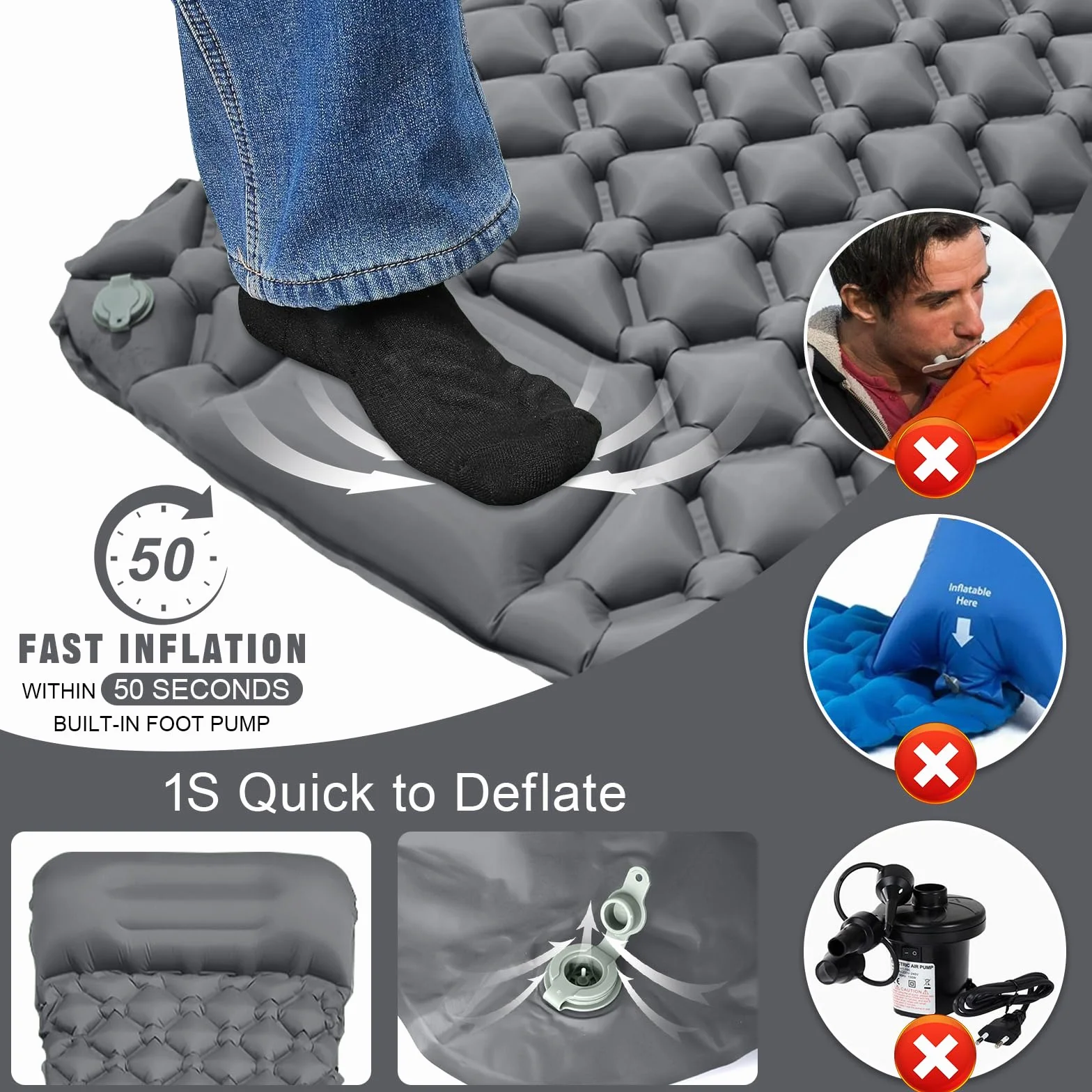 Colchón Autoinflable para Camping Impermeable con Bomba de Pie y Almohada Ultraligera Portátil