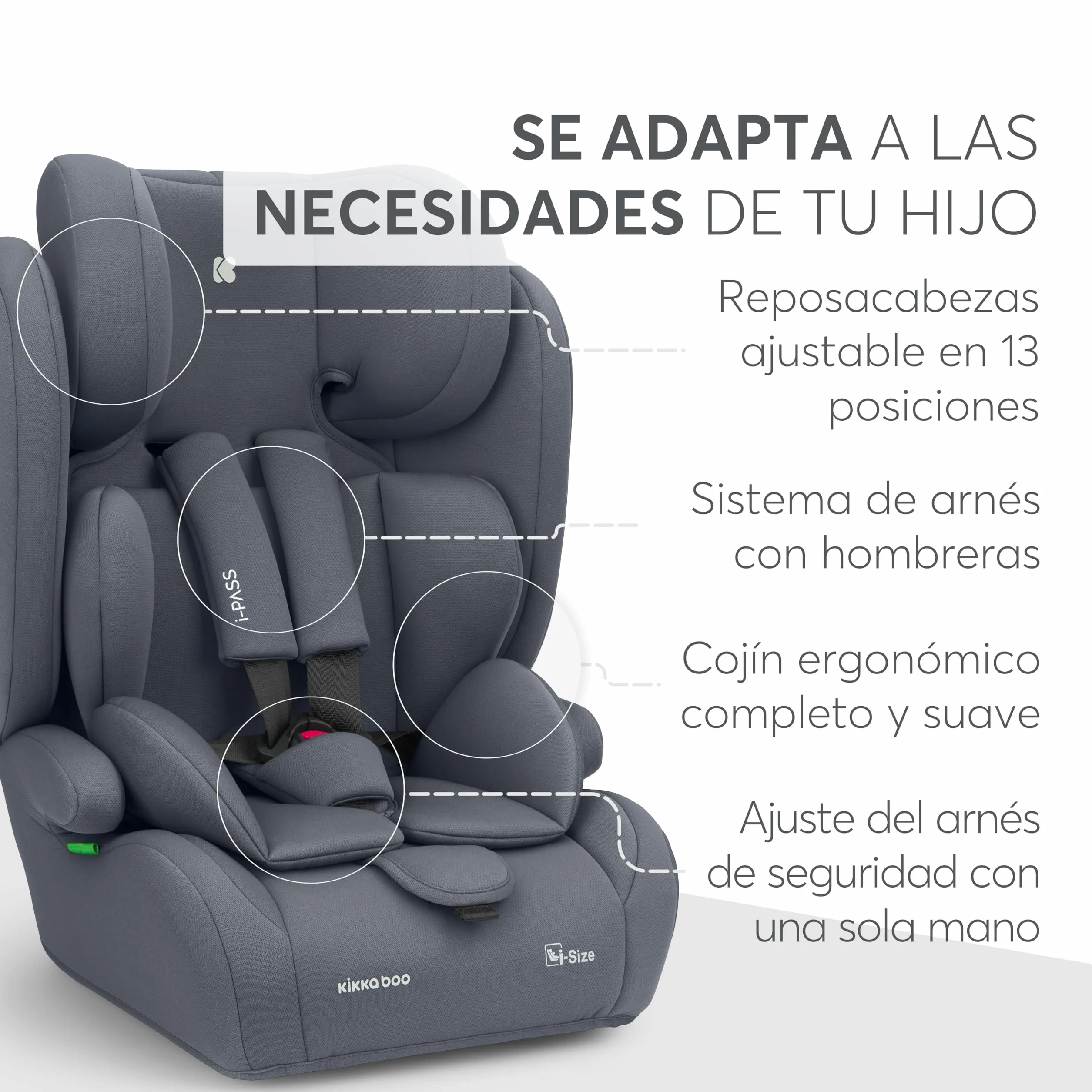 KikkaBoo Silla de Coche Grupo 1 2 3 i-PASS 9-36 kg 76-150cm Reposacabezas 13 Posiciones Gris