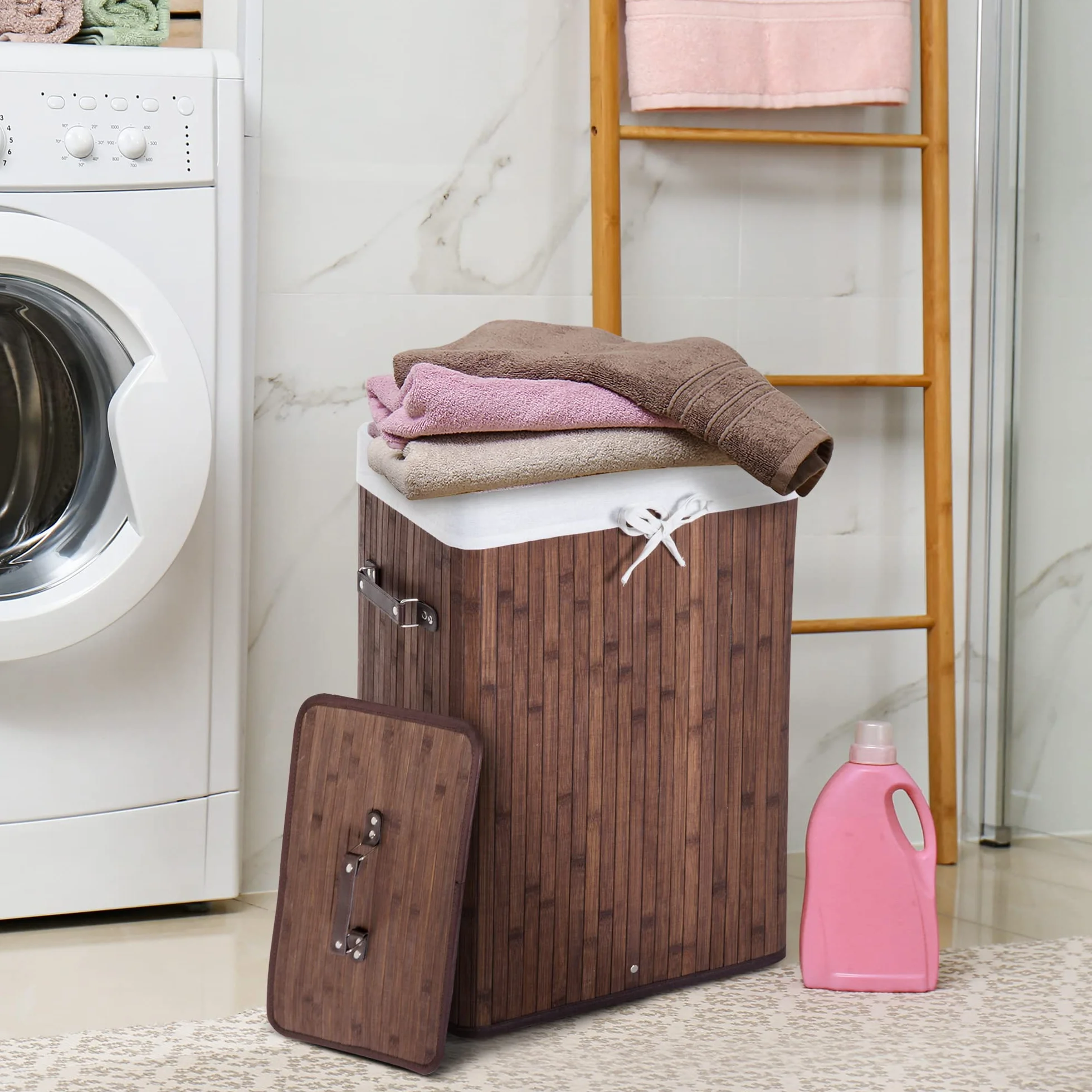 HOMCOM Cesto de Ropa Sucia Plegable con Tapa 67L, Cesta Ropa Sucia de Bambú, 2 Compartimentos, Bolsa Extraíble, para Dormitorio, Baño, Lavandería, 40x30x60 cm, Marrón