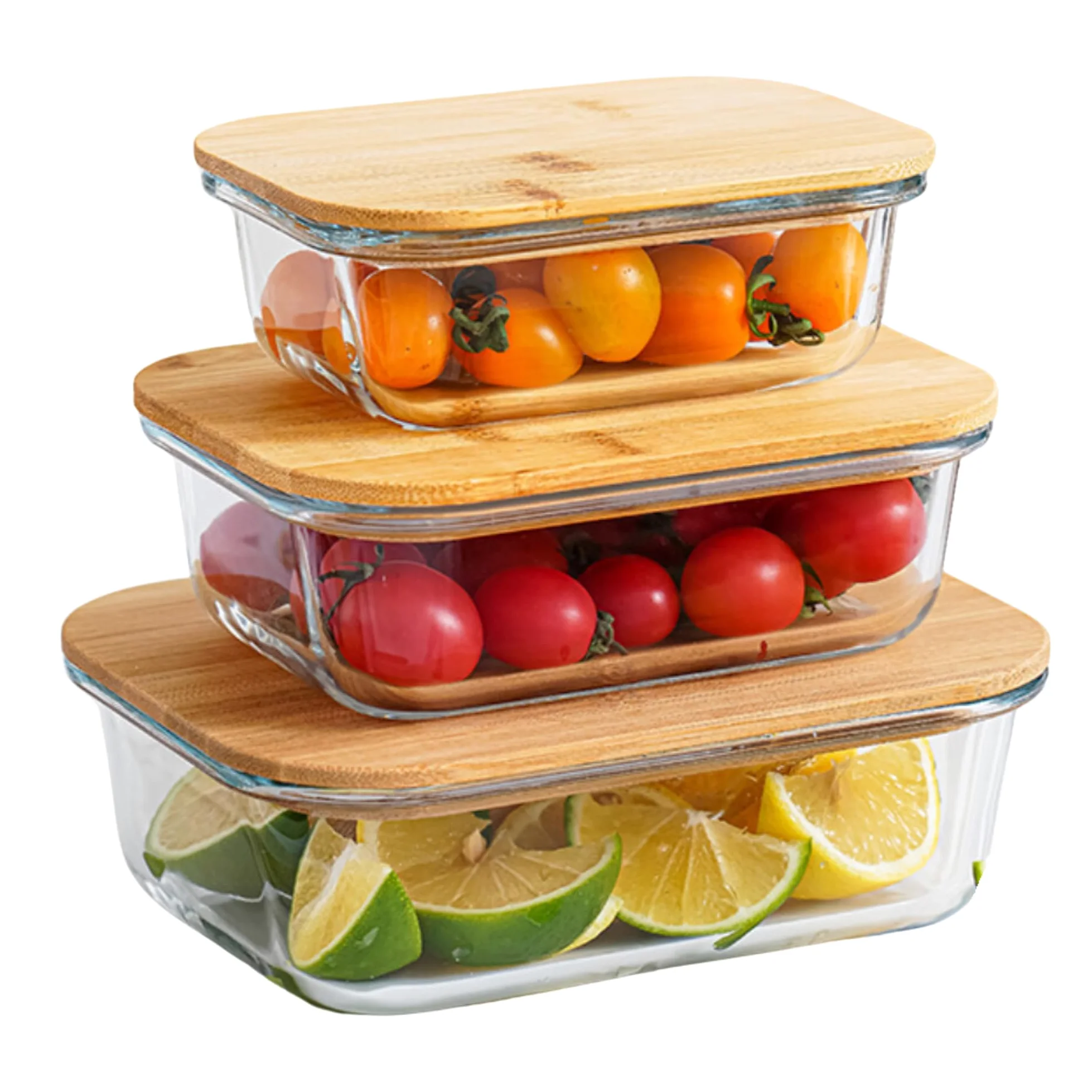 Vellichor Europe Recipientes de vidrio para almacenamiento de alimentos con tapas herméticas de bambú, juego de 3, ecológicos, sin plástico, tamaños versátiles, aptos para microondas y horno,