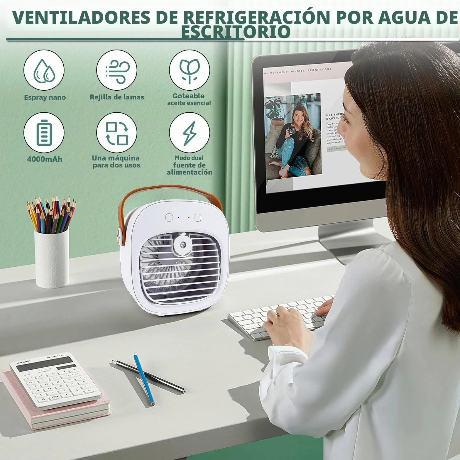 Enfriador de Aire Portátil, Mini Aire Acondicionado Móvil, Climatizadores Evaporativos con Función de Humidificación, 3 Velocidades, Ventilador De Sobremesa para Dormitorio Oficina, Blanco