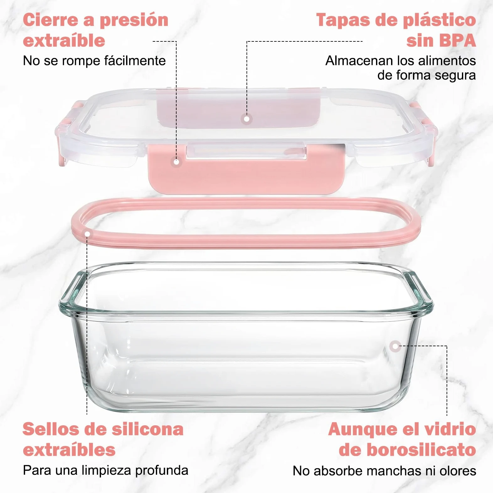 YASHE 10 Piezas Recipientes de Vidrio con Tapas Herméticas, Reutilizables, Apto para Microondas, Horno, Congelador y Lavavajillas, Sin BPA, Fiambrera Cristal, Rosa