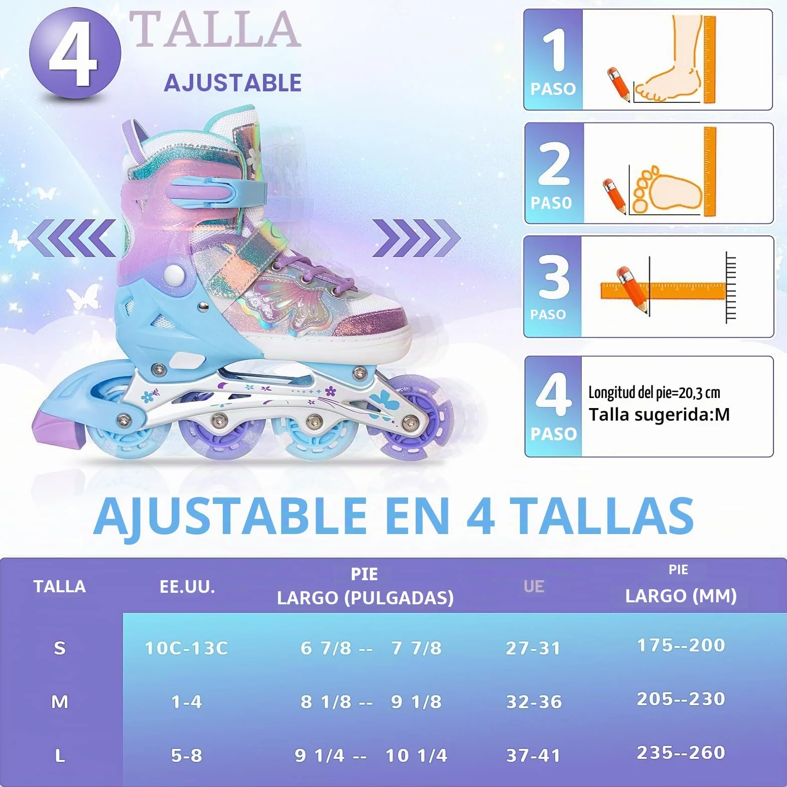 Patinaje en línea para niños Patines Ajustables Rodillos Mariposa niñas 6-12