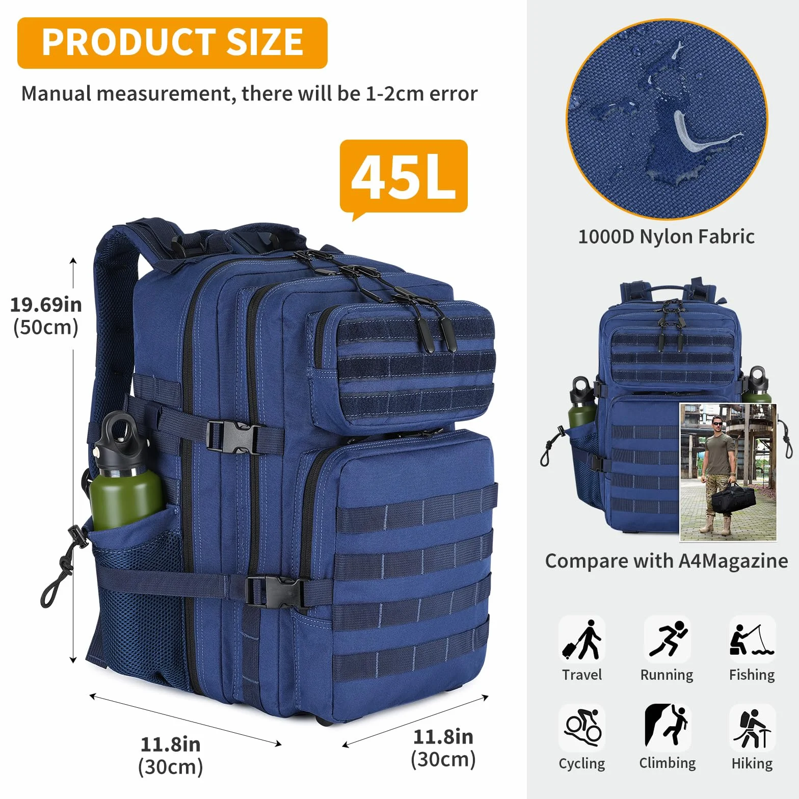 Mochila Táctica de Nylon 45L Impermeable para Caza y Aire Libre - Azul