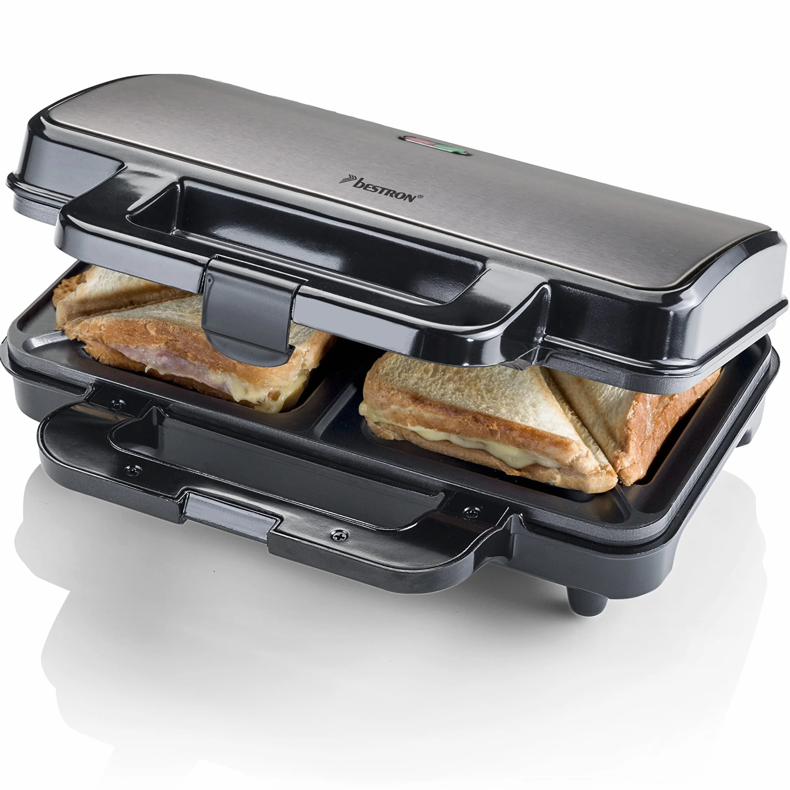 Bestron XL Sandwichera, Sandwichera tostadora con recubrimiento antiadherente para 2 sandwiches, incl. control automático de temperatura e indicador de listo, 900 vatios, color: gris titanio