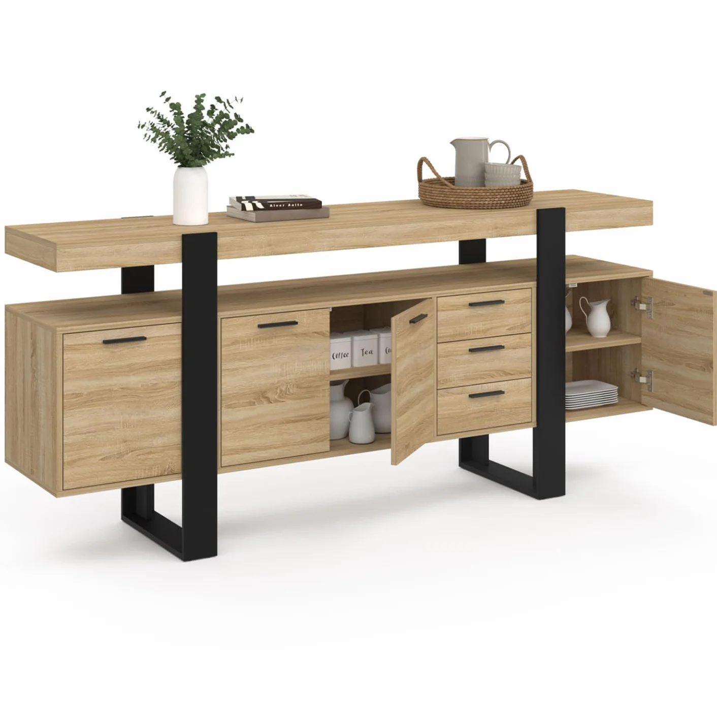 IDMarket Phoenix XXL - Aparador (180 cm, 4 puertas y 3 cajones, madera y negro), color negro