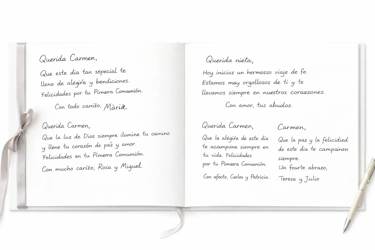 Libro de Firmas Comunión Niño – Álbum de Recuerdos con Portada Acolchada en Guaflex Blanco Elegante, Lazo Plateado, Papel 160 g, 64 Páginas, 27,5 x 23 cm – Presentación en Caja Transparente