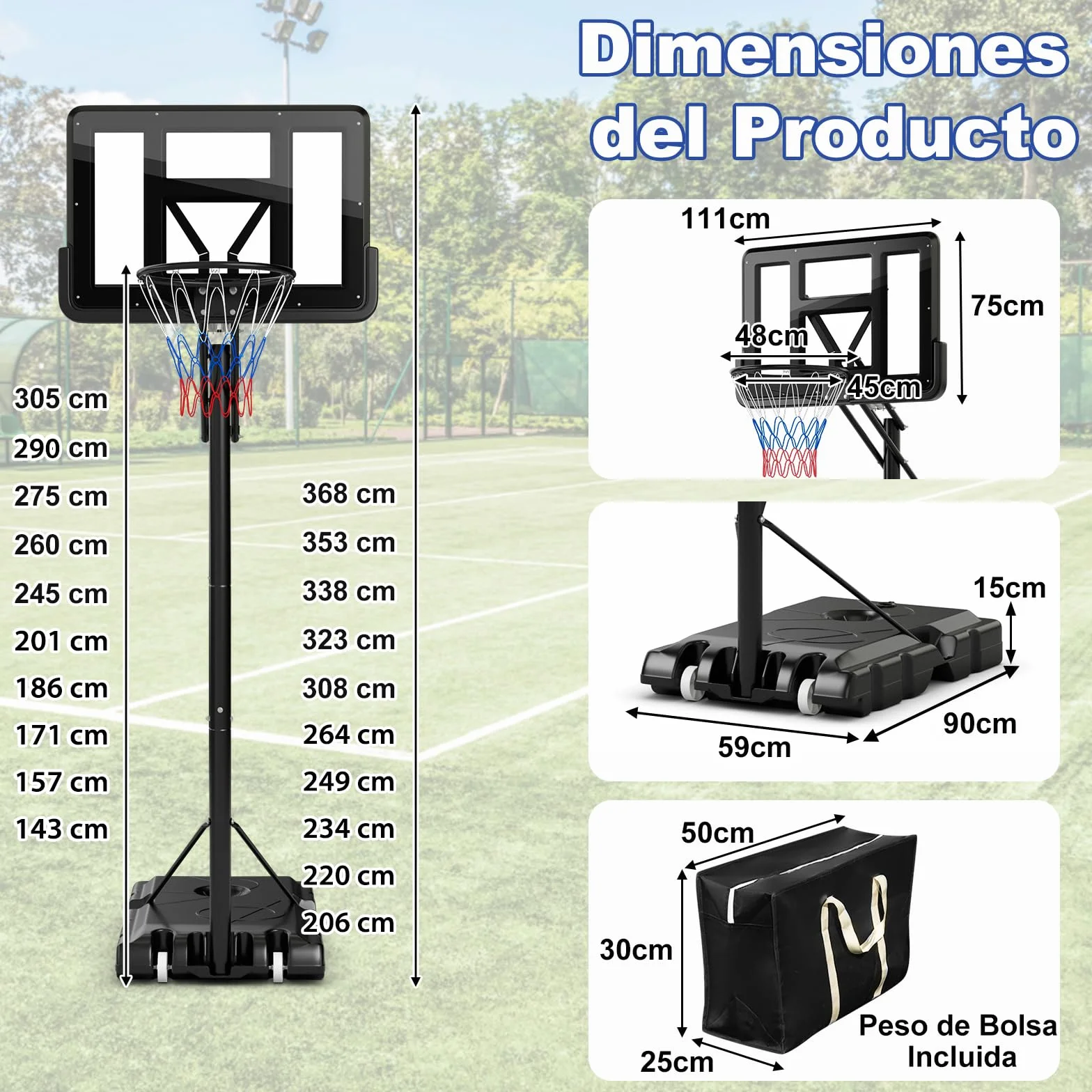 COSTWAY Canasta Baloncesto Altura Ajustable 10 Niveles 143cm-305cm Portátil con Ruedas Base Rellenable