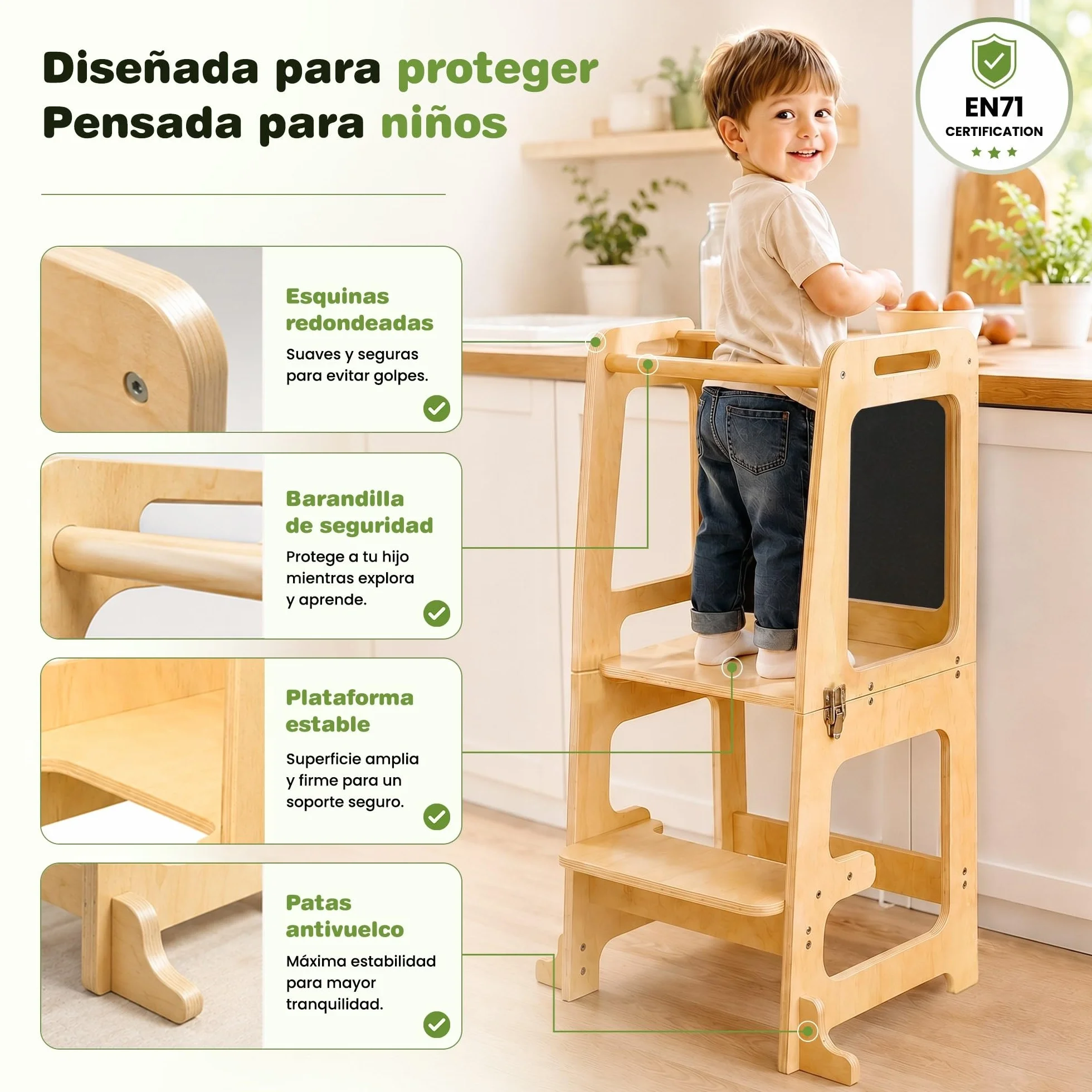 Torre de Aprendizaje Plegable 3 en 1 Madera Natural Mesa Montessori 2 Años