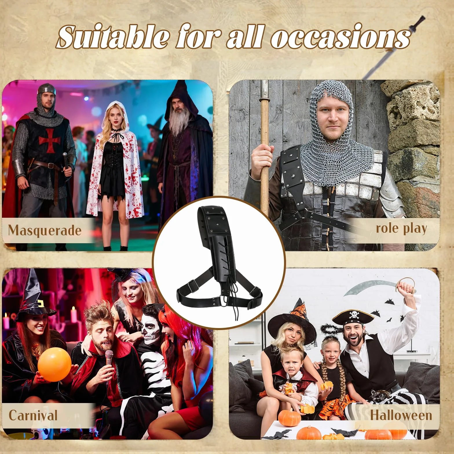 Funda Medieval para Espada, Cinturón Ajustable de PU Sólido Negro para Katana