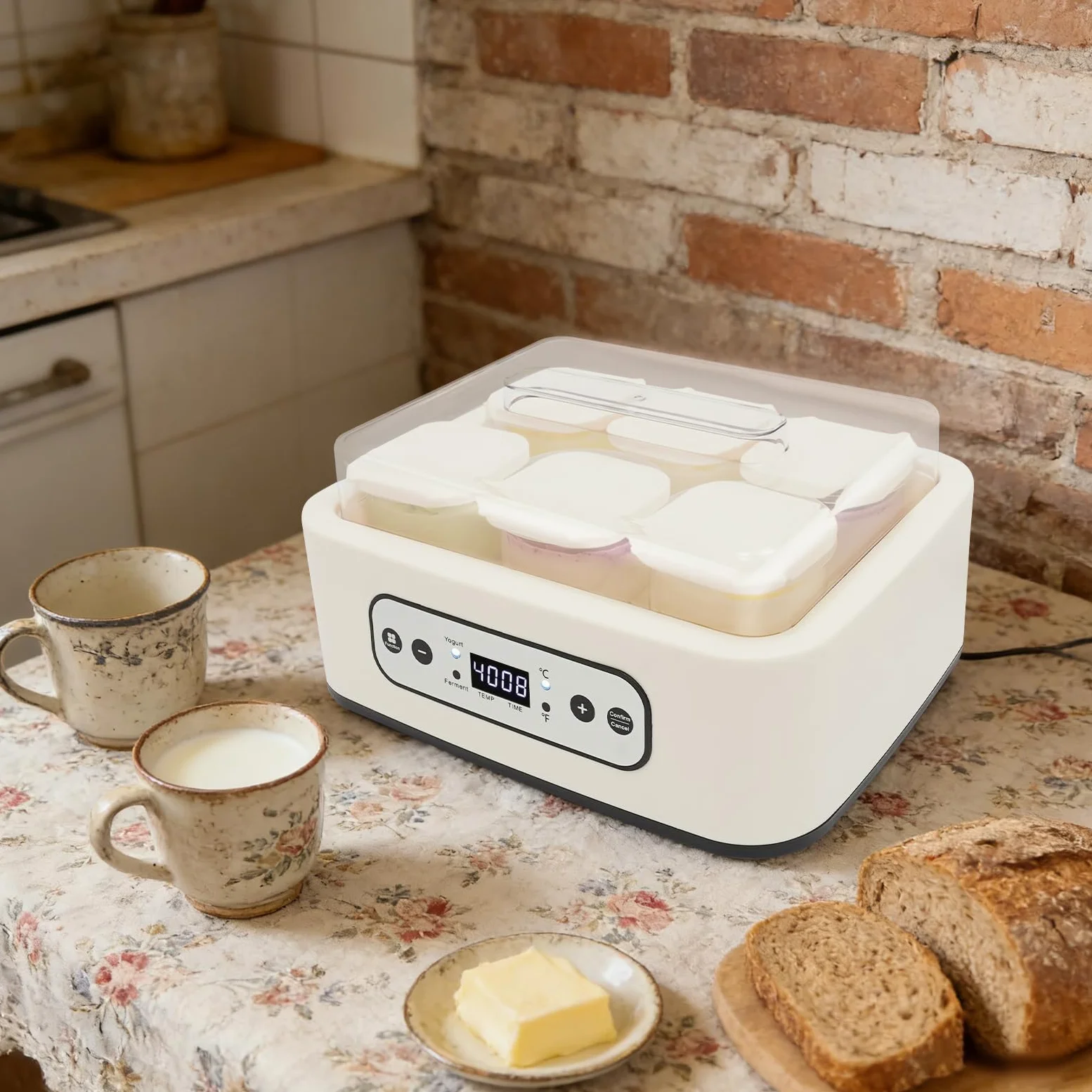 Yogurtera de 25 W, con 6 vasos de cristal de 250 ml, yogurtera con temperatura/pantalla LCD/temporizador, máquina de yogur para fermentar yogur, natto, vino de arroz