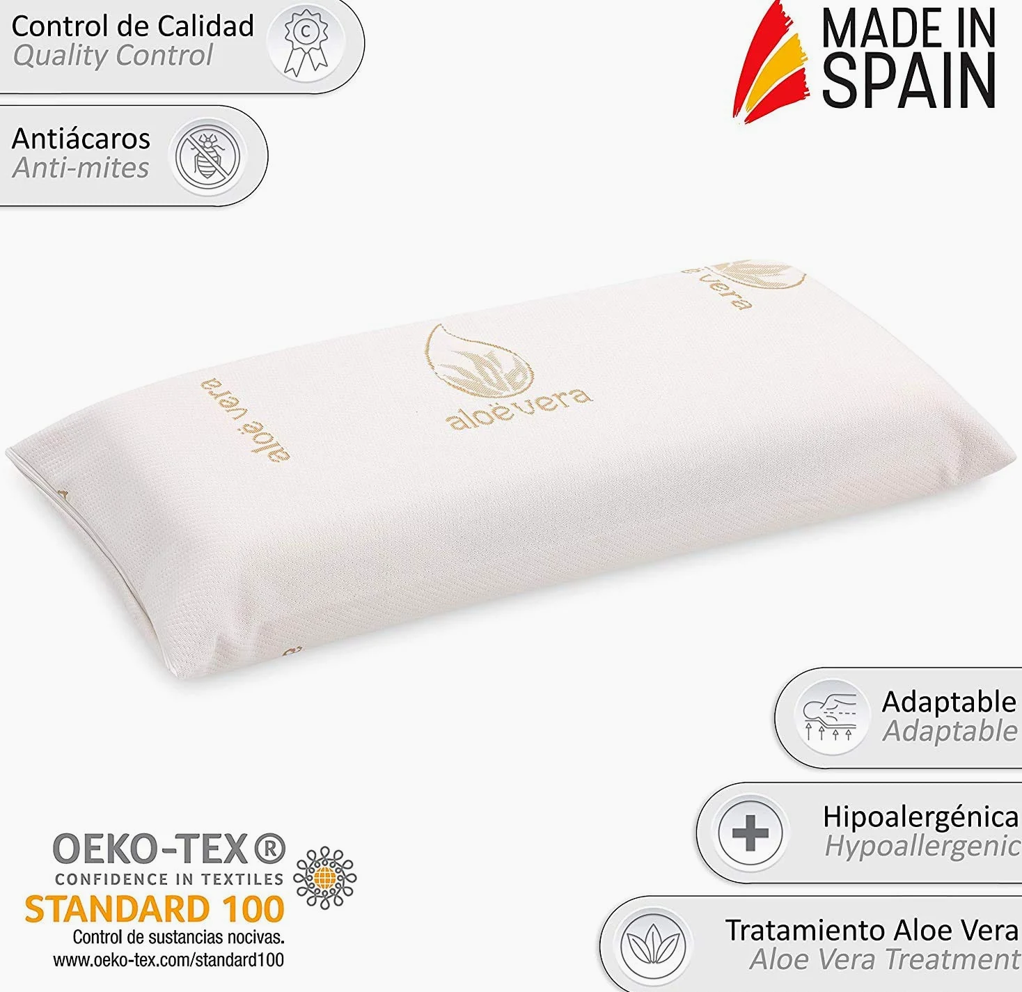 Almohada viscoelastica, Antiácaros y Antibacterias, Tejido Aloe Vera, con Funda, Tratamiento Ozono (Pack 2 x 70 cm)