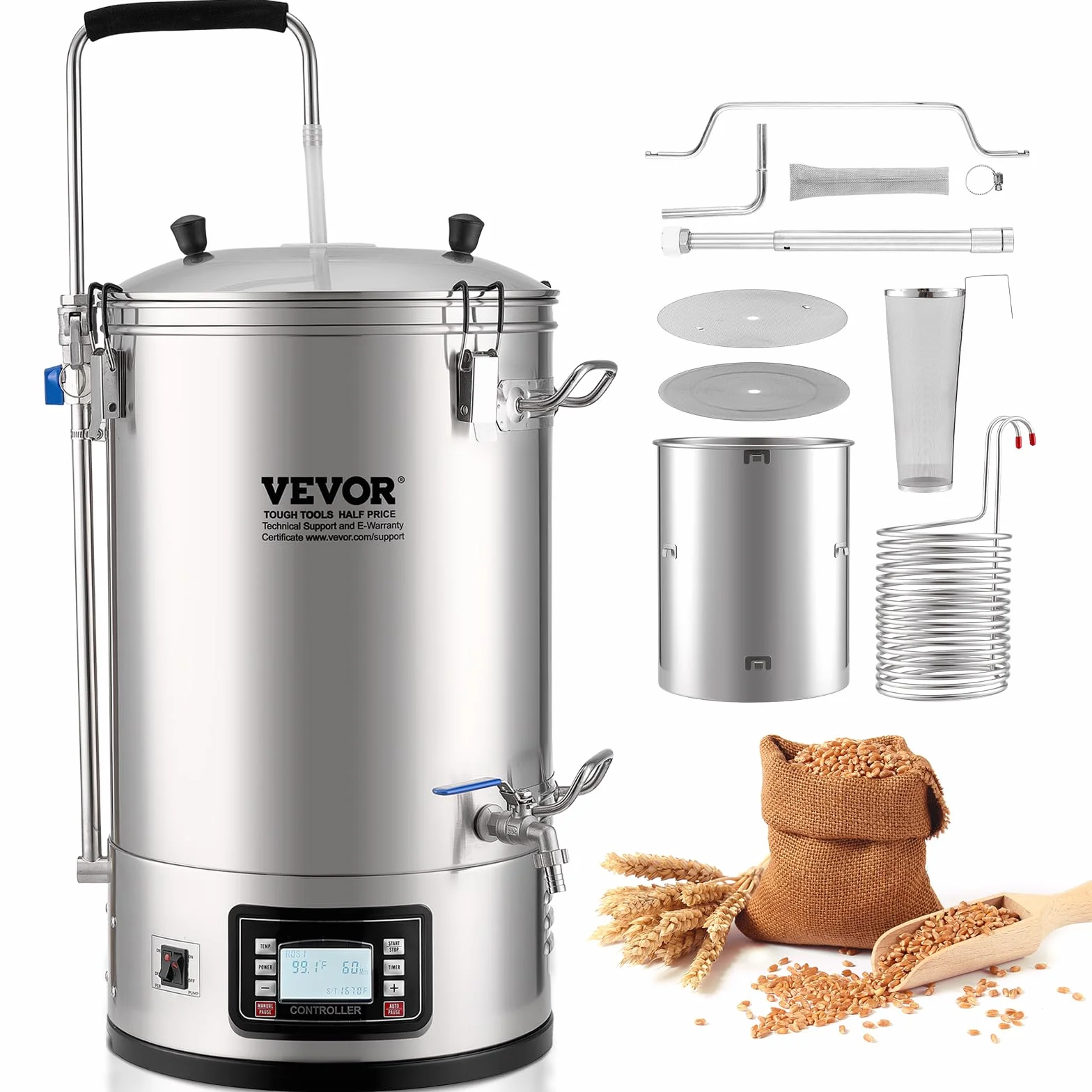 VEVOR Destilacion para Alcohol 30 L Olla De Acero Inoxidable para Cerveza 100-2500 W Destilacion para Alcohol 42 x 35,5 x 82 cm Pantalla LCD con Múltiples Funciones, Bomba de Circulación para Cocina