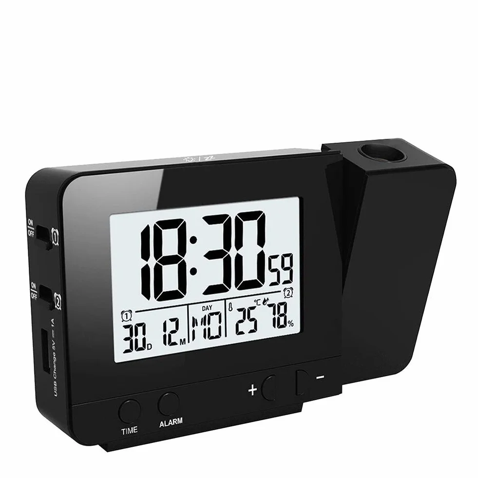 Queta Despertador Proyector, Reloj Despertador Digital con Pantalla LED Reloj de Proyección Digital con Termómetro Interior, Despertador Muestra Tiempo/Fecha/Temperatura/Humedad, Puerto USB (Negro)