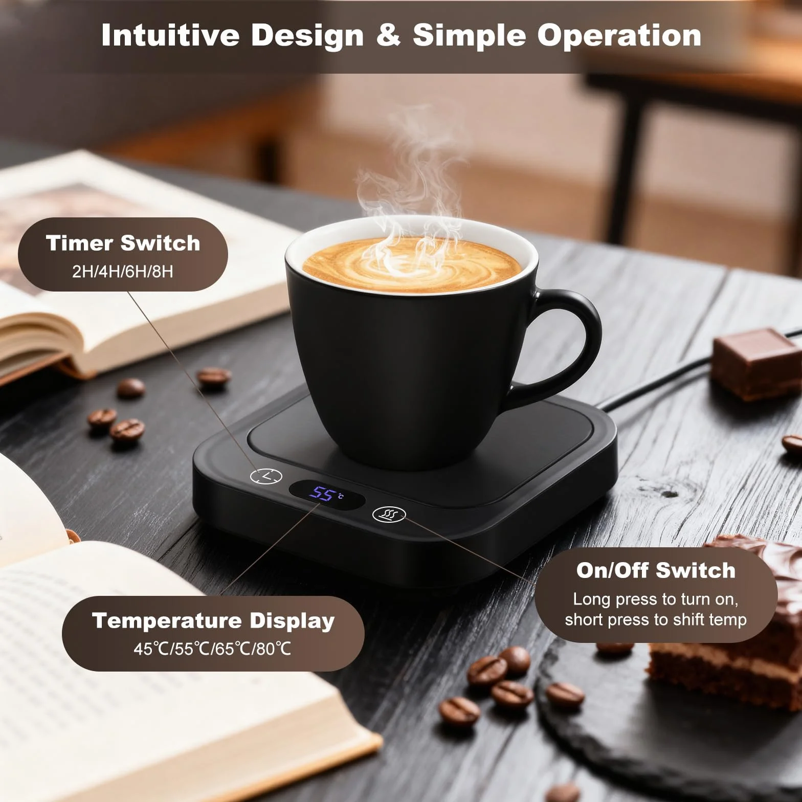 Calentador de Taza de Café con 4 Temperaturas, Apagado Automático 8h para Café, Cacao, Té