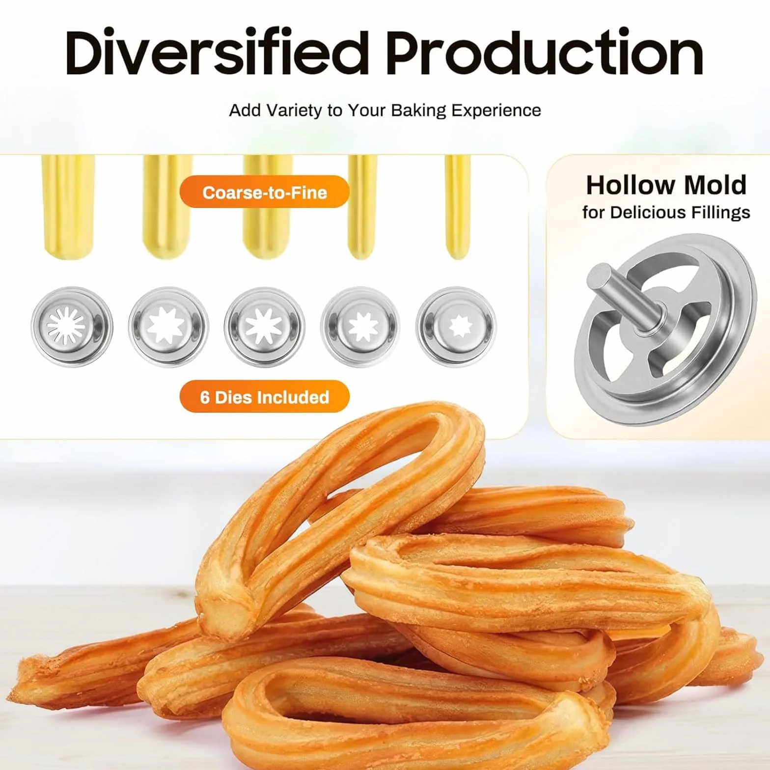 Máquina para Hacer Churros Manual, Máquina para Hacer Rellenos de Churros, Máquina para Hacer Churros de Rosquillas Españolas Manual Comercial de 3L, 5 Tipos de Moldes