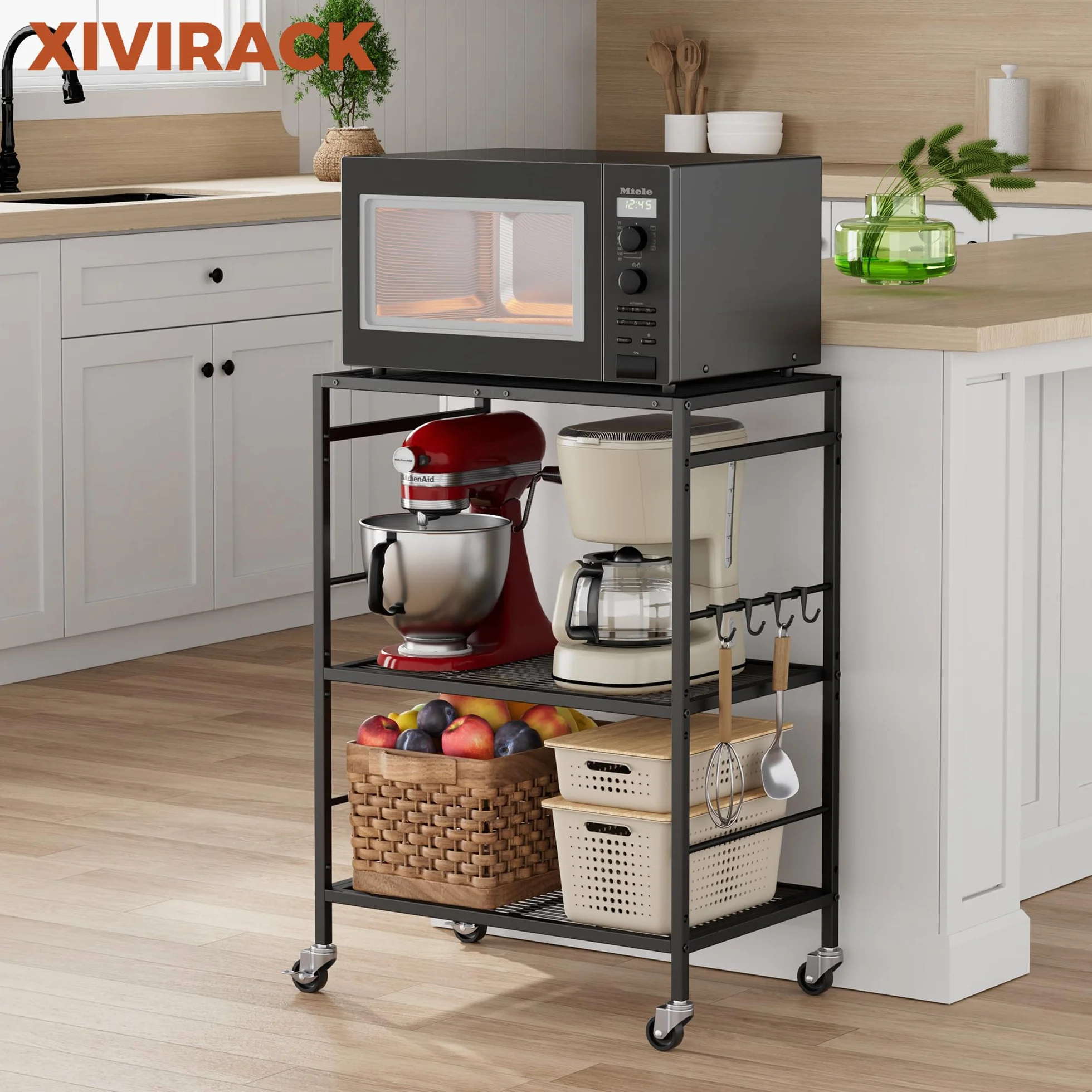 Carro Cocina de 3 Pisos con Estantes Ajustables，Carros de Servicio (Estructura Negra + Panel marrón, 3 Niveles (40 x 60 x 84,7 cm))
