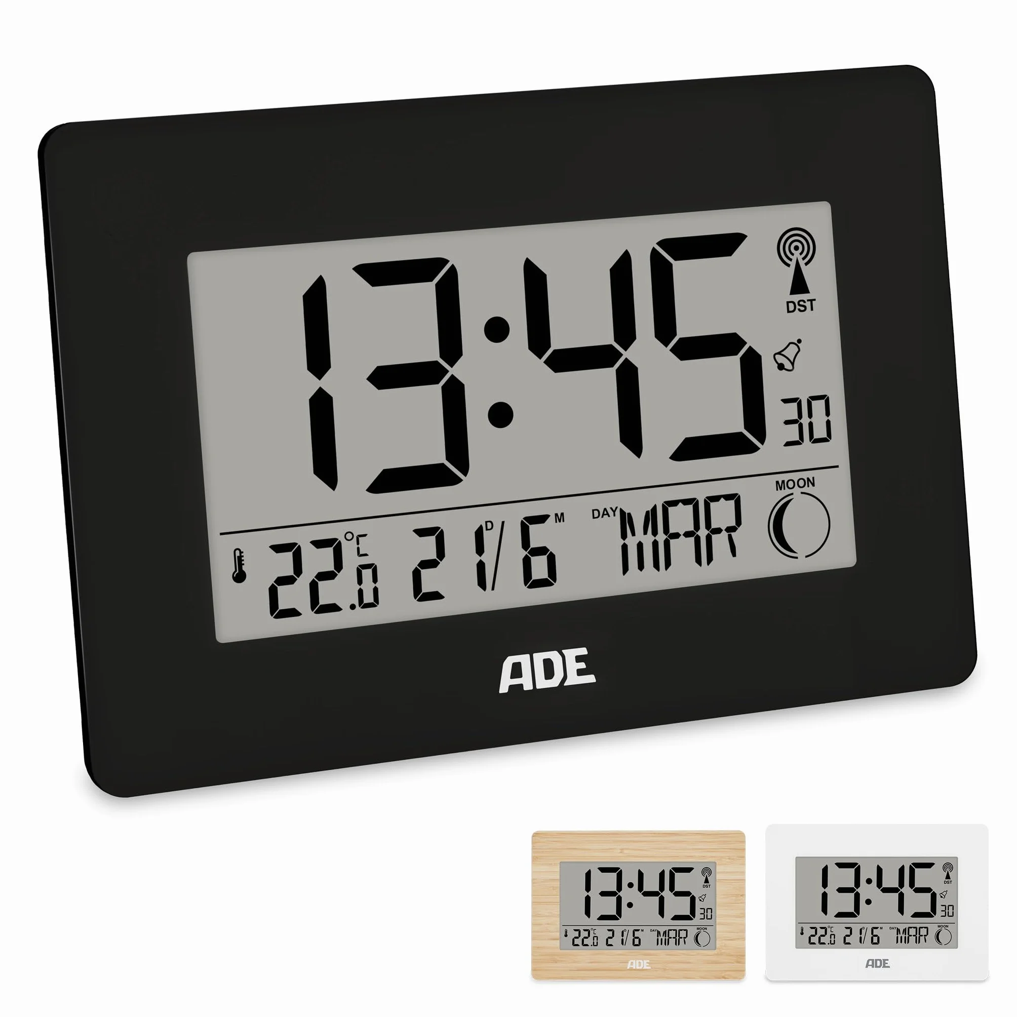 ADE Reloj Digital Grande radiocontrolado con dígitos XXL | Reloj de sobremesa y de Pared con Calendario | con termómetro | Despertador radiocontrolado a Pilas | Negro