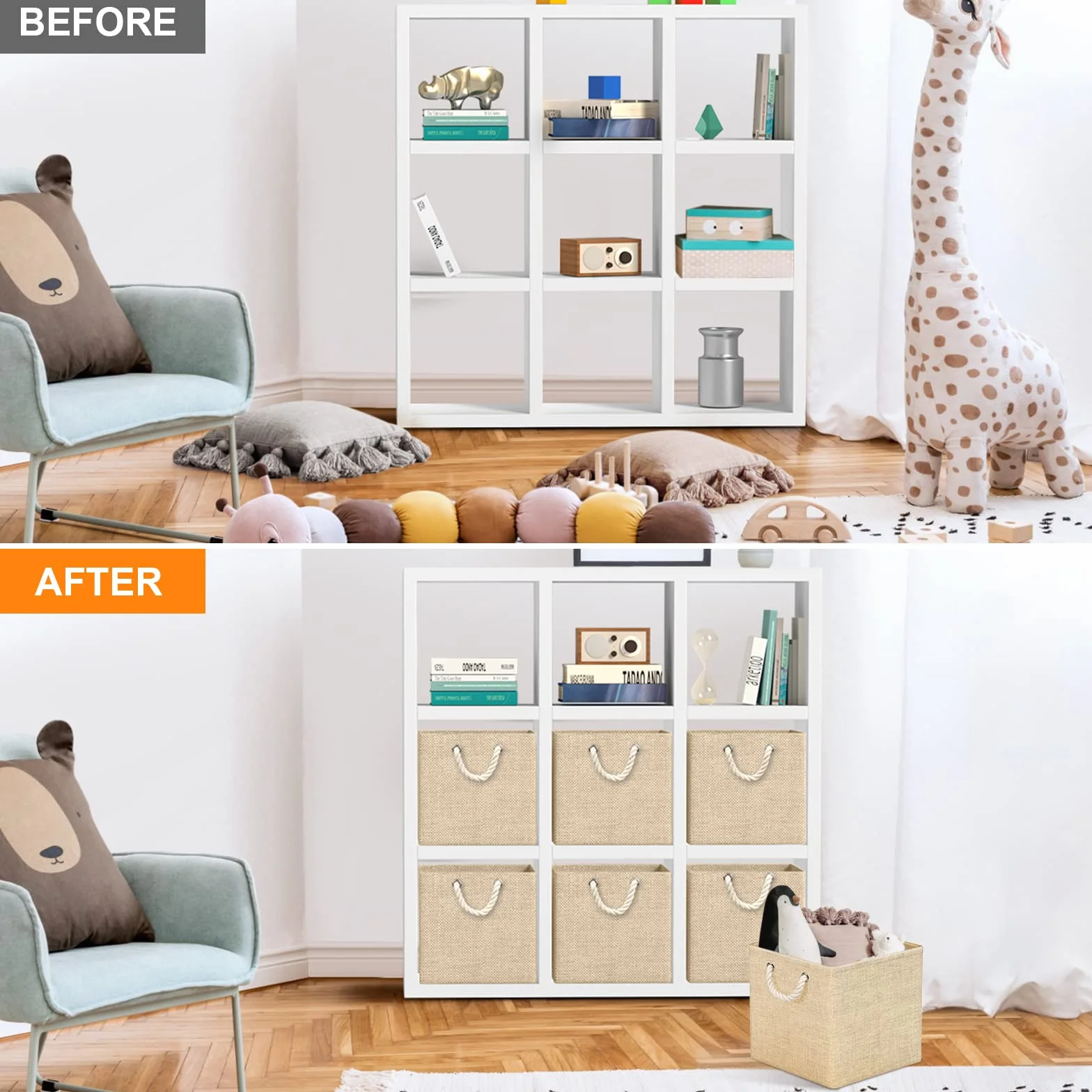 Juego de 4 Cajas Almacenaje, 30 x 30 x 30 cm, Cestas Organizadoras de Tela con Asas, Cubos de Almacenamiento Plegable para Ropa, Juguetes, Libros, Armario y Estanterías (Beige)