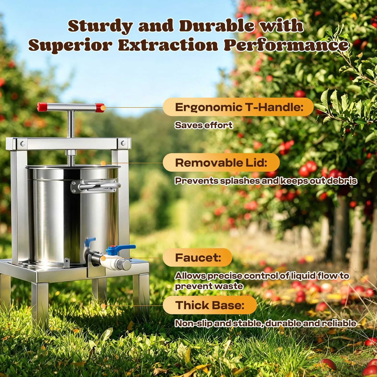 Moongiantgo 10l Prensa Para Miel Manual, Prensa De Frutas Y Vino De Acero Inoxidable Con Mango T, Totalmente Cerrado, Filtración Múltiple, Removible Para Miel, Jugo, Vino, Sidra, Apicultura (10L)