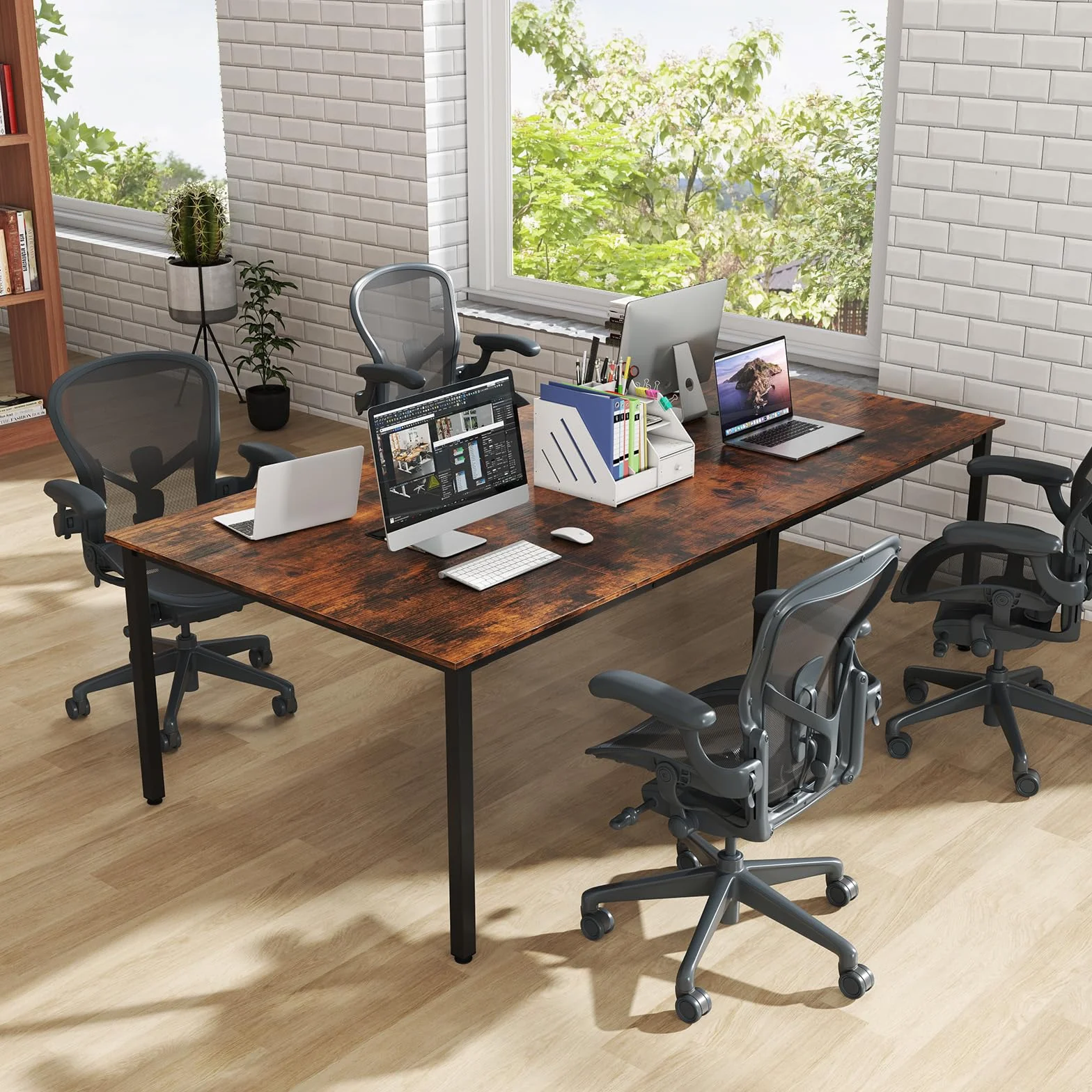 COSTWAY Mesa de Reunión 240 x 120 cm, Mesa Grande de para 10 Personas, Escritorio Rectangular con 2 Pasacables, Oficina, Sala de Juntas, Marrón Rústico