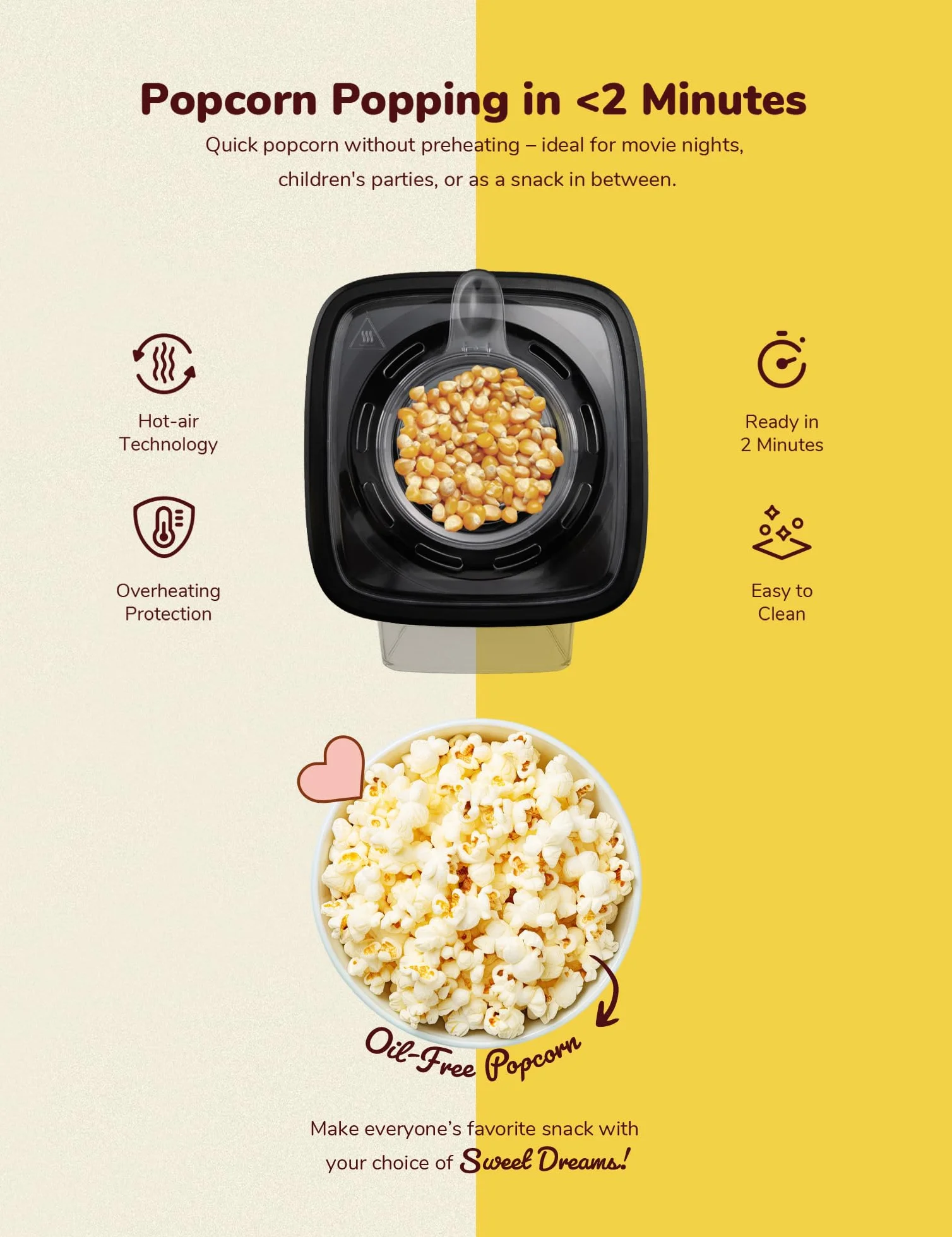 Bestron Palomitero, Turbo-Palomitas en menos de 2 minutos, con tecnología de aire caliente, incluye 10 bolsas de palomitas y taza medidora integrada, colección Sweet Dreams, Color: Amarillo