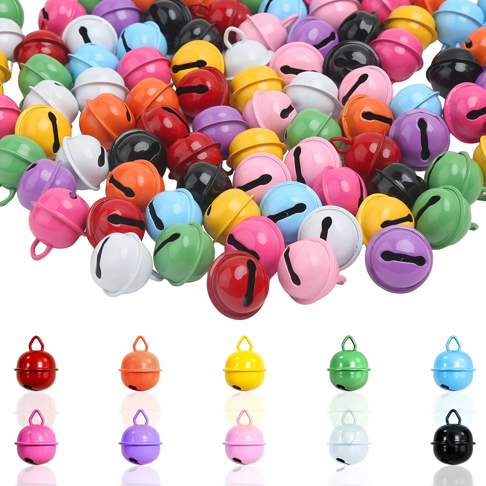 HavaCue 100 Piezas Cascabeles de Colores, 18mm Cascabeles Pequeños de Metal, Cascabel Navidad con Ojales para Manualidades, Decoraciones Festivas, Collares para Gatos y Perros, Varitas de Boda