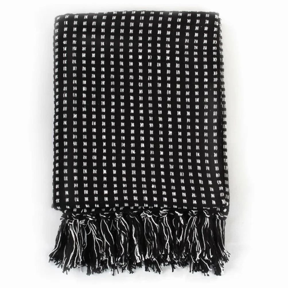 Plaid de algodón negro 220 x 250 cm con borlas | Lavable a máquina a 40 °C, tacto suave, sofá y cama, diseño moderno