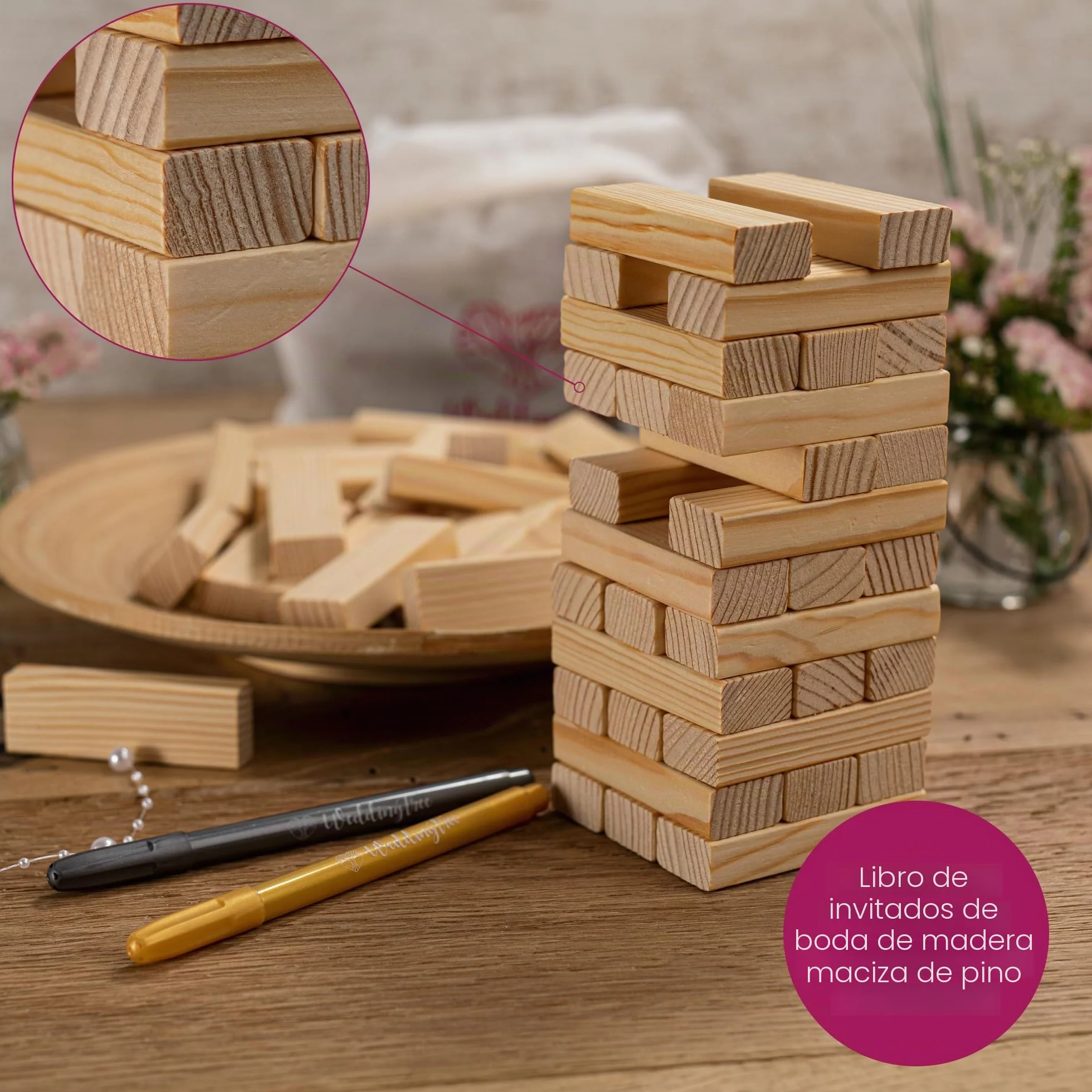WeddingTree Libro de Firmas Bodas como Torre de Madera - con 72 Piedras, Bolsa de Almacenaje y 3 Rotuladores Metálicos - Libro Firmas Boda - Detalles para Bodas - Album para Firmas - Album Firmas Boda