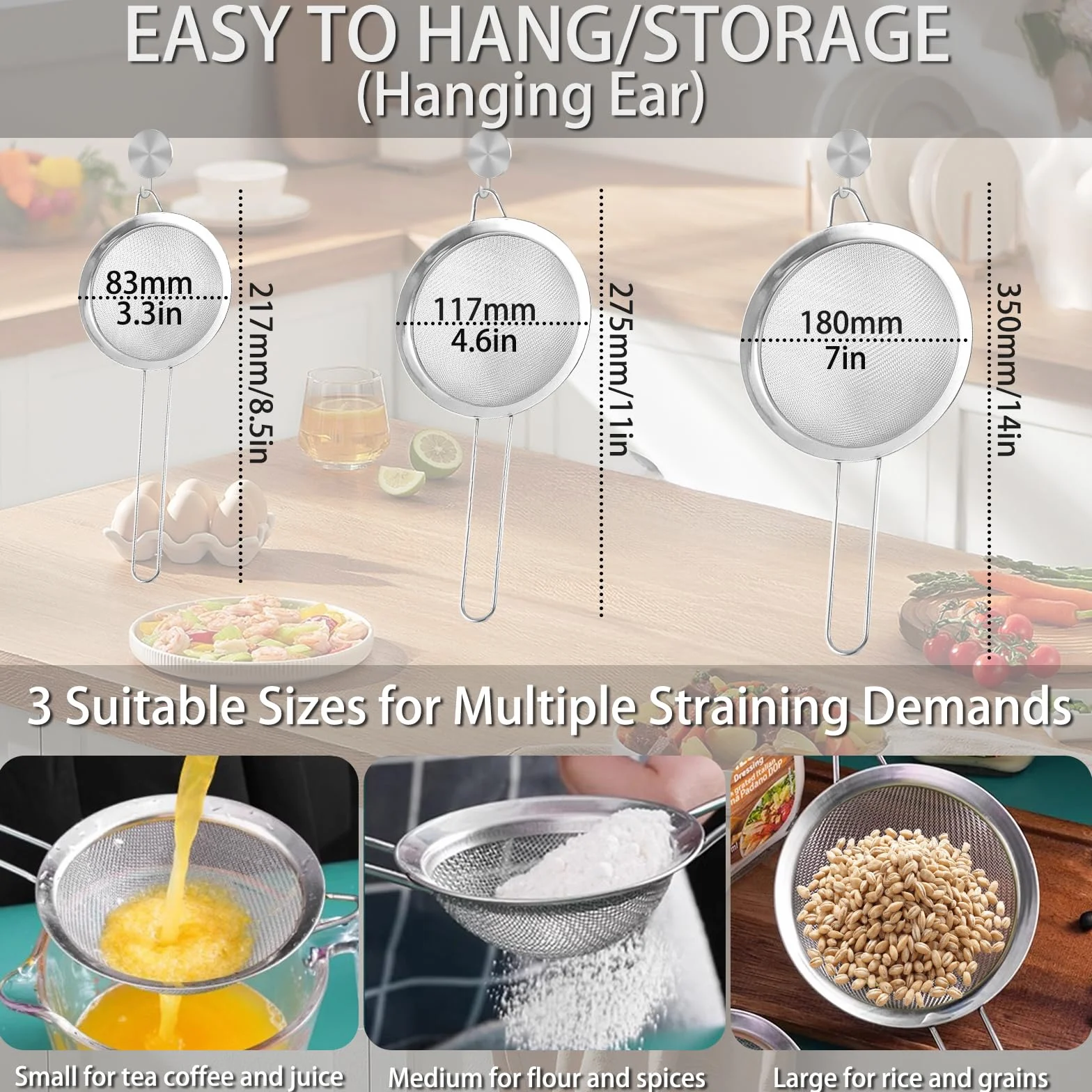 3 Coladores de Malla Fina con Mango de Acero Inoxidable de 22/27,5/35 cm de Diámetro, GeeRic Filtro duradero para Escurrir Pasta, Frutas, Verduras y Postres, Así como para Tamizar Harina