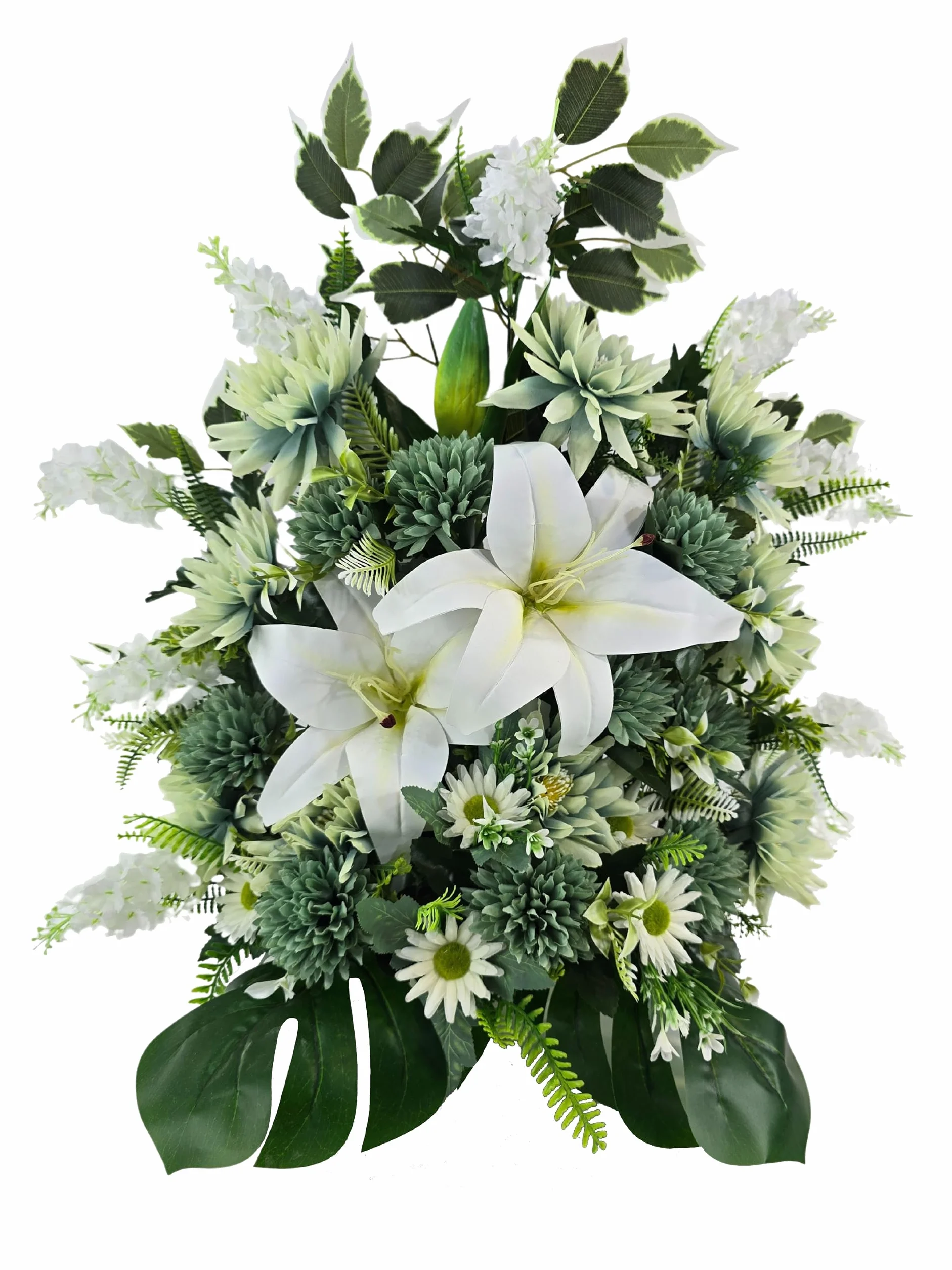 DRW Centro de Flores Artificiales Cementerio, Iglesia Bodas sepulturas Beige y Verde con liliums, Lilas, Margaritas y Pompones 60x28x64 cm