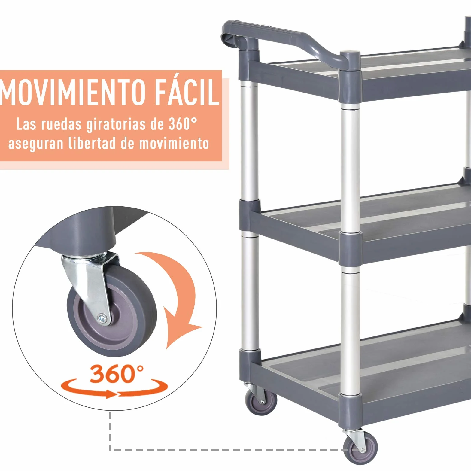 HOMCOM Carrito Auxiliar con Ruedas de 3 Niveles, Marco de Aleación de Aluminio, Carrito de Cocina, Carga de 35 kg por Estante, para Comedor, Sala, Baño, 88x44x93 cm, Gris