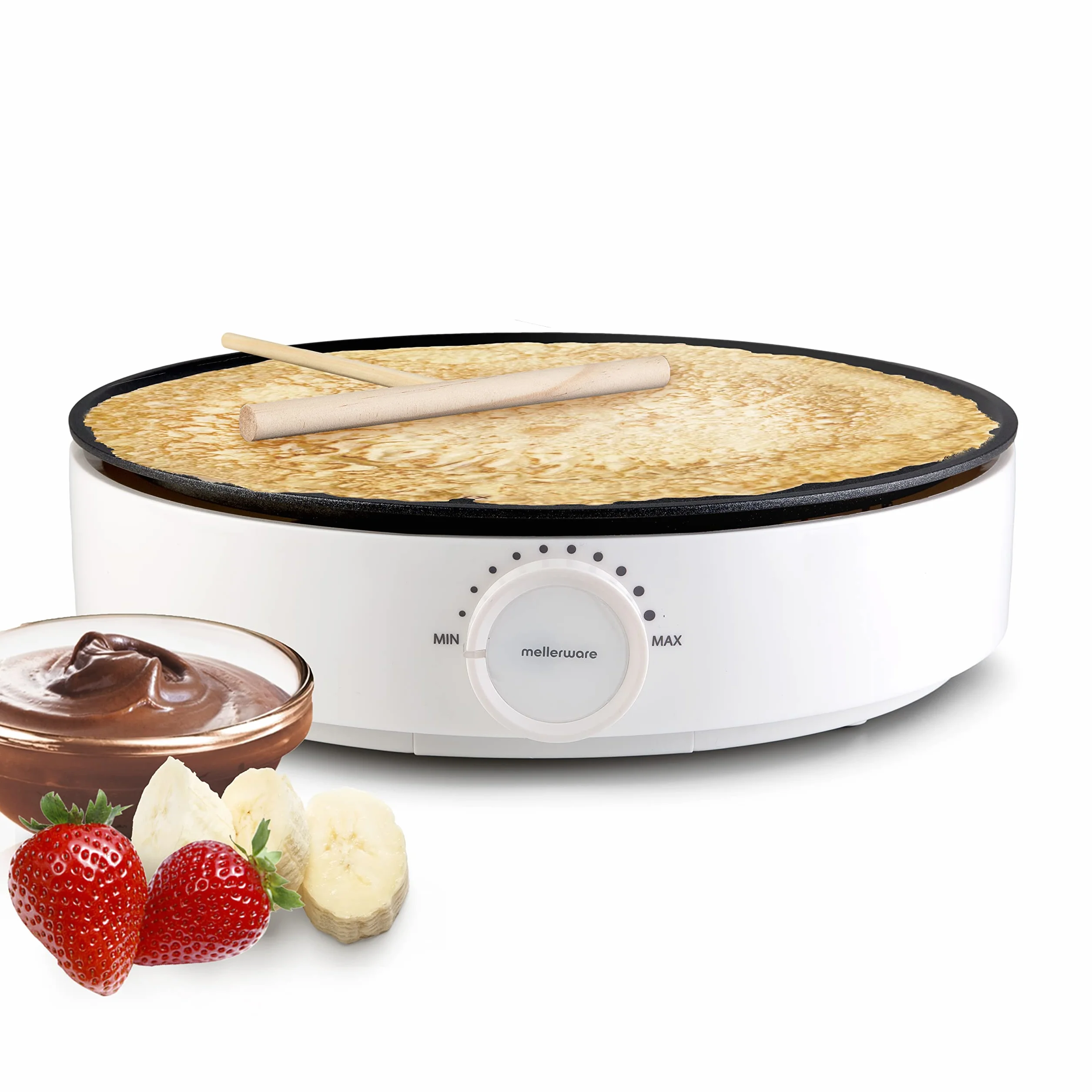 Mellerware - Crepera profesional Slurpy! 1200W | Superficie Antiadherente | Maquina electrica crepes | Termostato regulable | Esparcidores de Madera | Portatil | Maker de comida americana | Blanco