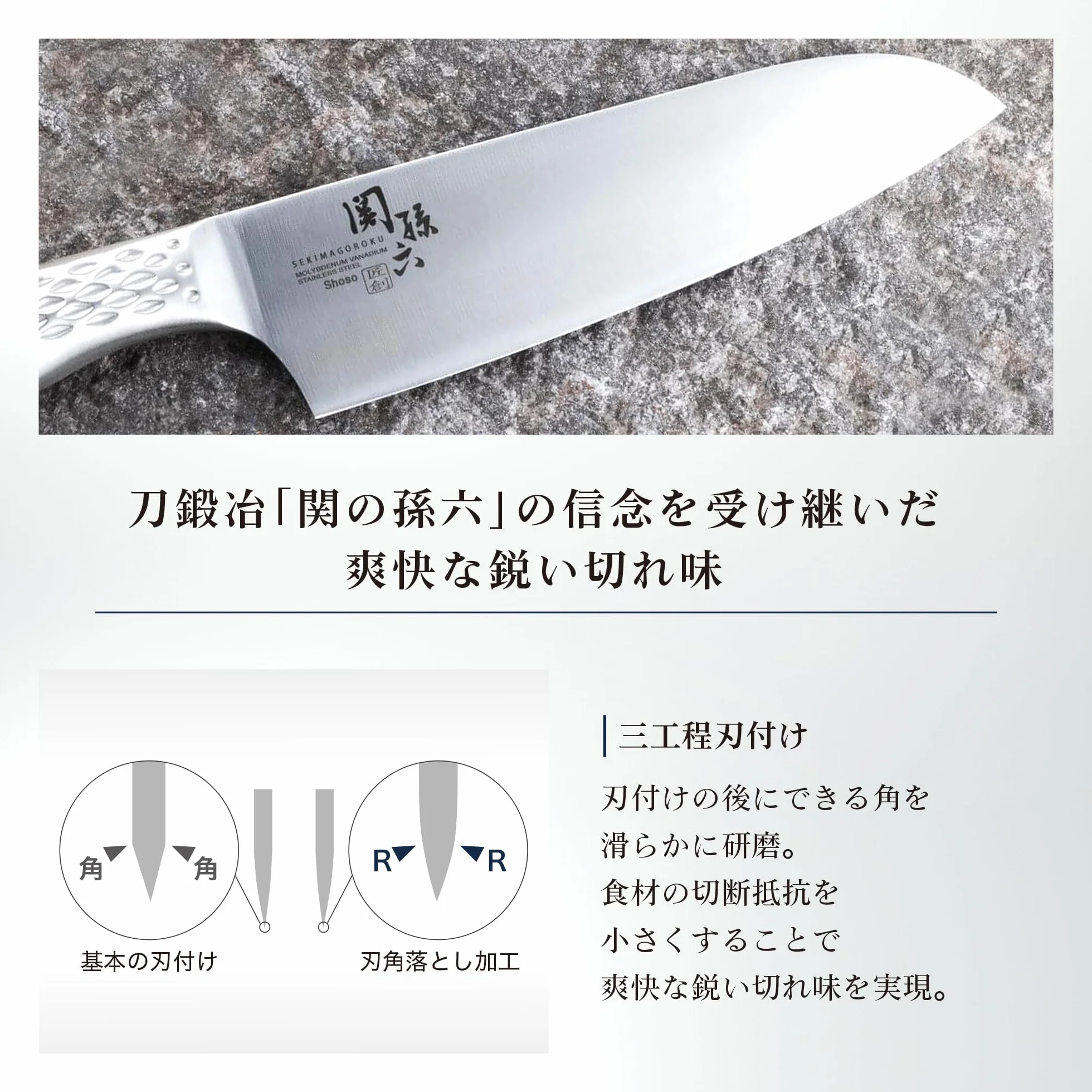 KAI Seki Magoroku Shoso Santoku 16,5 cm longitud de la hoja - acero inoxidable 5CR15MoV 56 (±1) HRC - afilado convexo - mango de acero inoxidable 18-8 con patrón de rombos - Hecho en Japón
