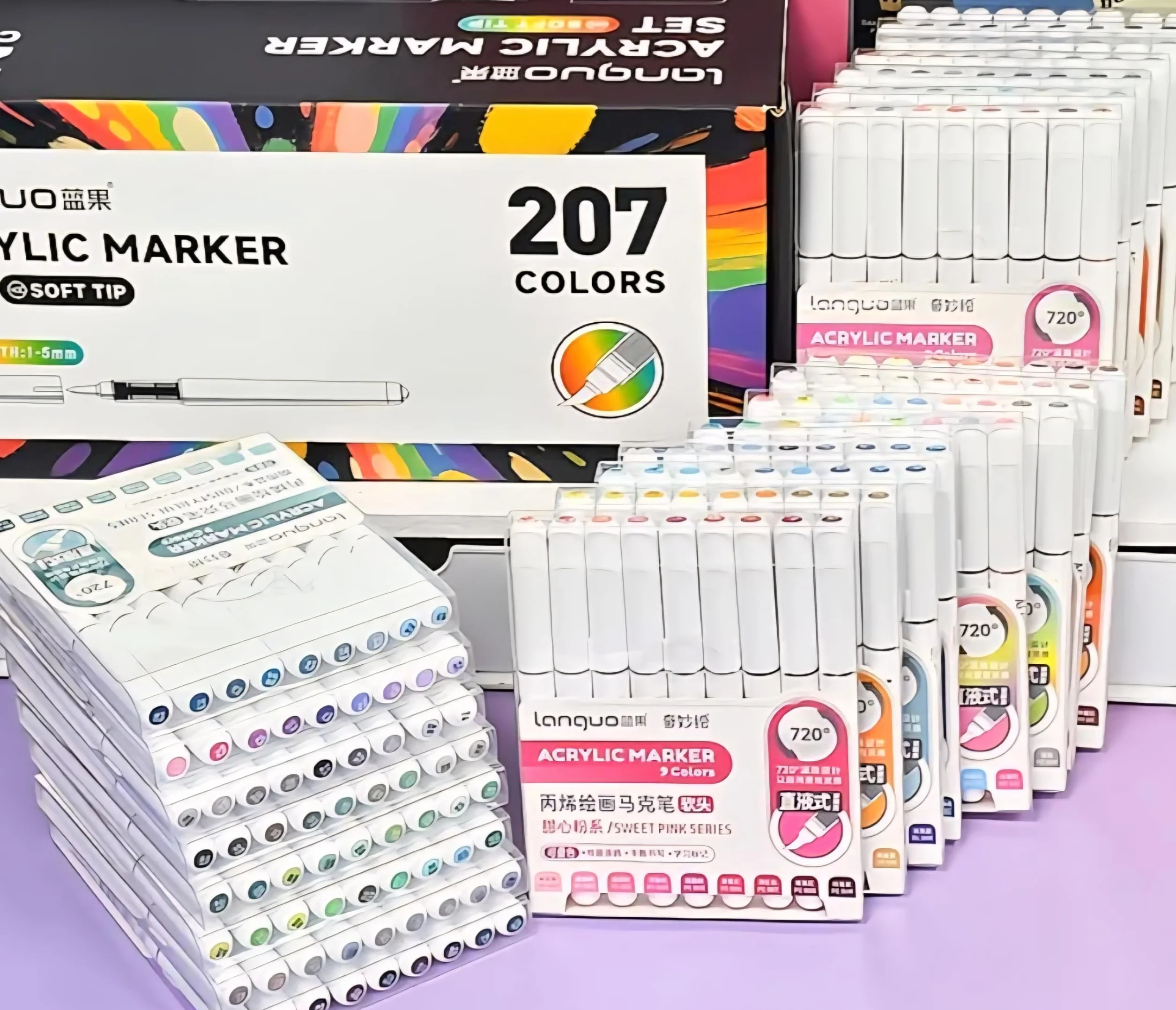 languo 207 rotuladores acrílicos, 23 cajas por serie de colores. Marcadores acrílicos con punta de pincel suave. Acrylic Paint Marker a base de agua para tela, madera, piedra, lienzo, vidrio, roca