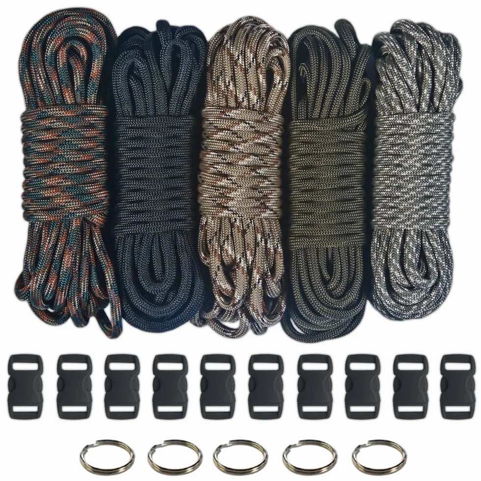 PARACORD PLANET Kit Paracord 550 - 100 Pies, 5 Colores con Hebillas y Llaveros