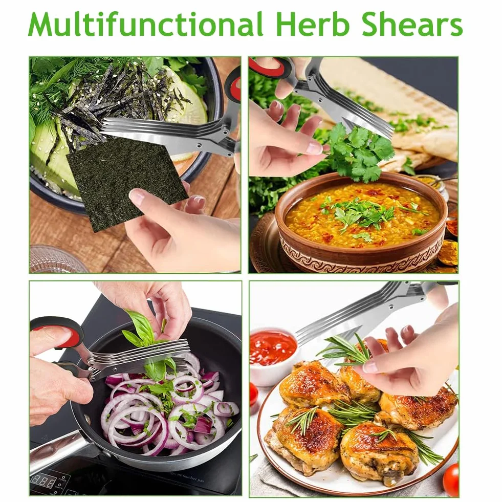 Tijeras para hierbas, tijeras de cocina de 5 cuchillas de acero inoxidable, tijeras de especias cebolletas con tapa de seguridad y peine de limpieza para hierbas aromáticas, cebolletas, negro rojo