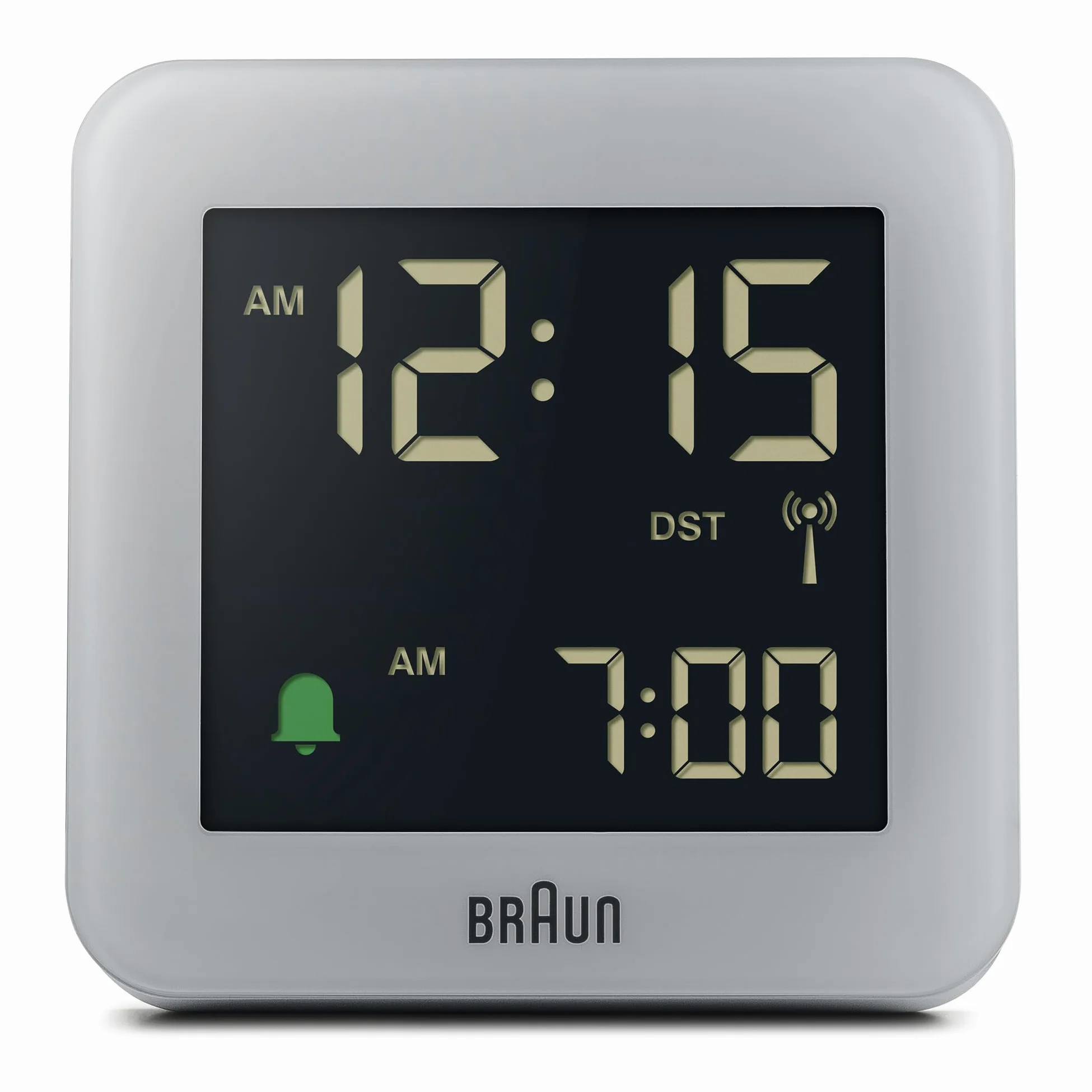 Braun Reloj Despertador Digital radiocontrol para el Huso horario de Europa Central (DCF) con botón de repetición, Pantalla LCD, Ajuste rápido, Alarma en Crescendo, Gris, Modelo BC09G-DCF
