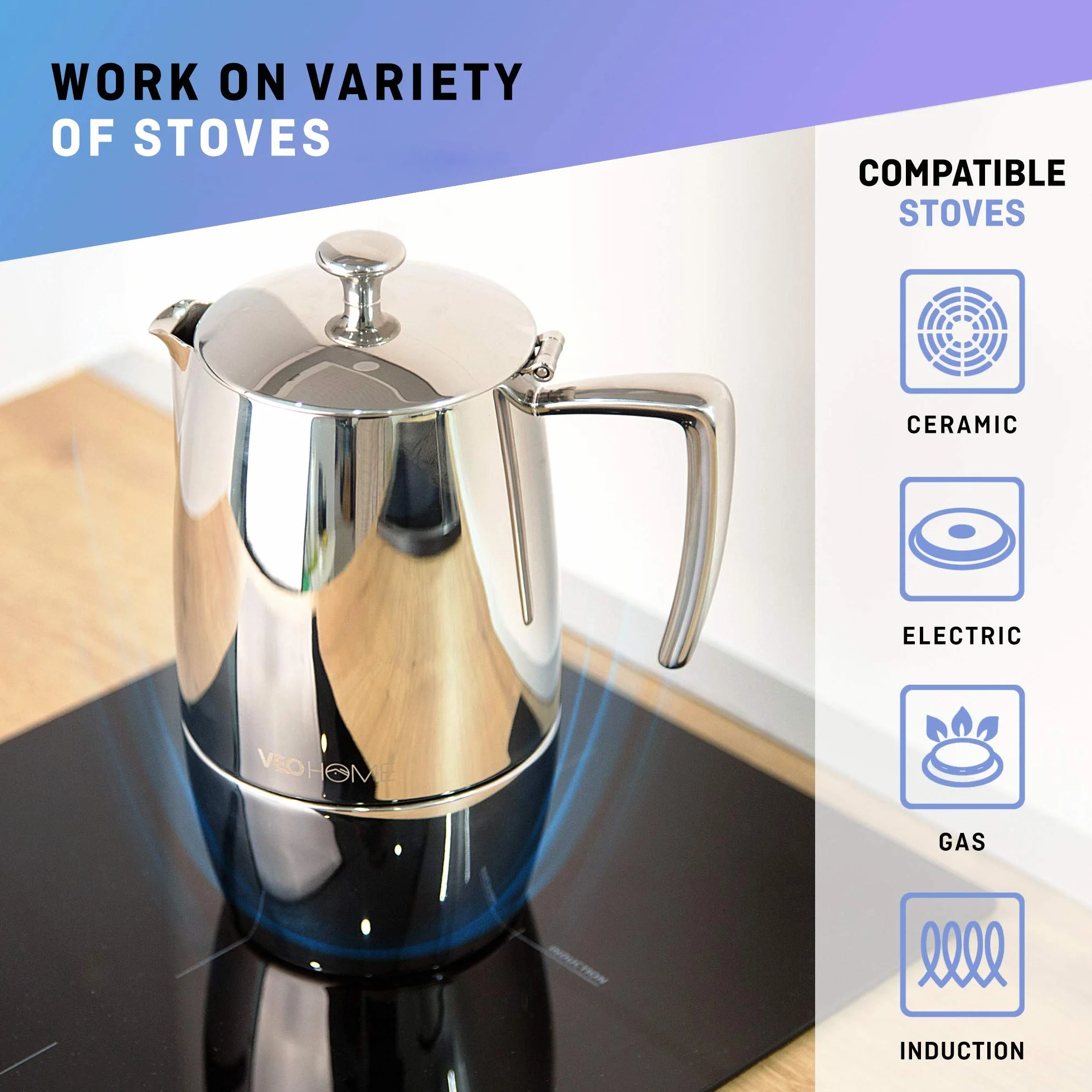 VeoHome - Cafetera Italiana de Acero Inoxidable 10 tazas 500 ml – Cafetera Moka para cocinas Inducción, Vitrocerámica y de Gas - Estilo Espresso – Irrompible, Segura y apta para Lavavajillas