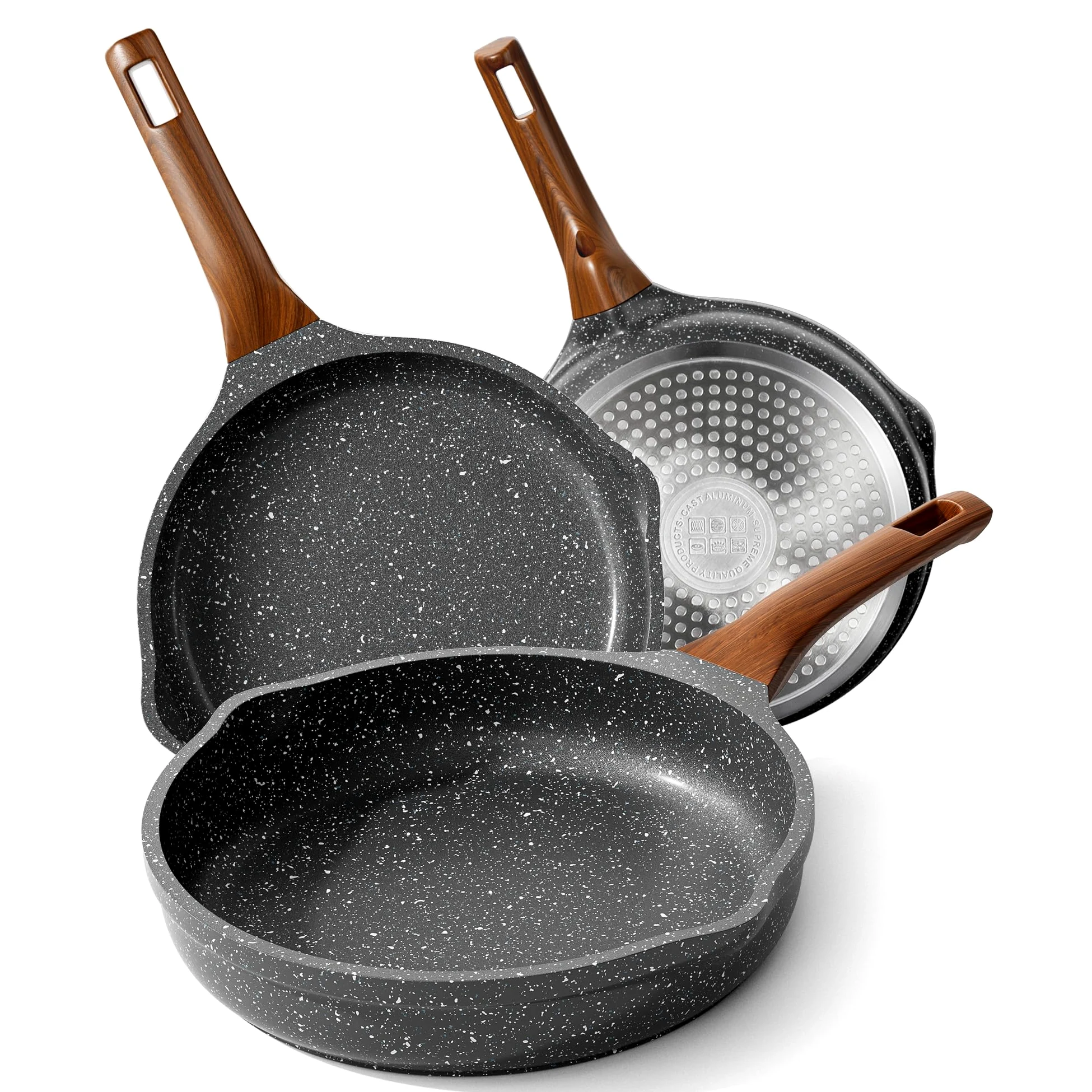 RIOVARM Inducción Juego de sartenes Antiadherente Batería de cocina 20 cm 24 cm 28 cm Granito Sartén para tortillas sin PFOA Mármol Sartenes con mango resistente al calor para varias estufas