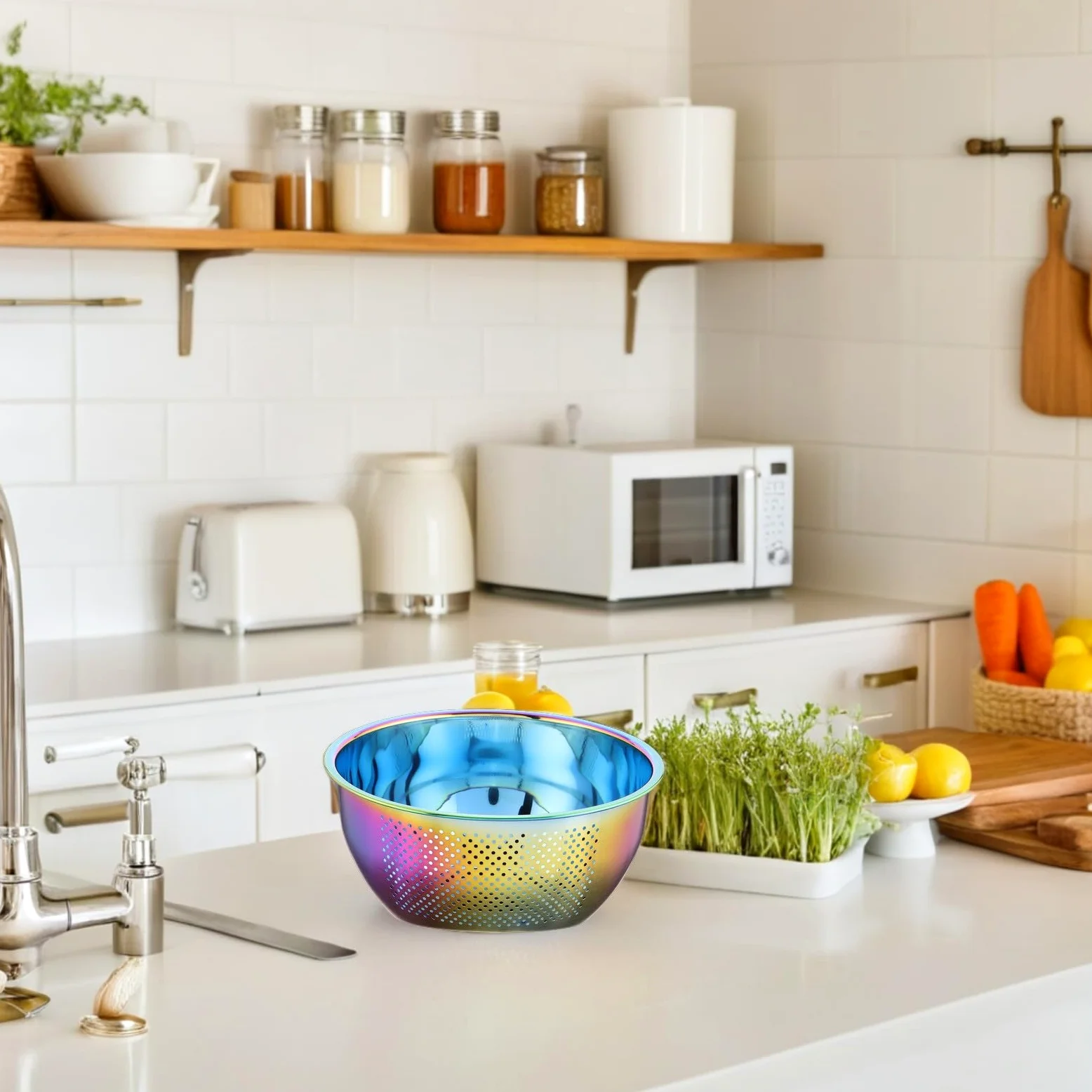 NUOBESTY Colador de Arroz Multifuncional de Acero Inoxidable 304 Escurridor Grande con Fondo Inclinado para Lavar Frutas y Verduras Cedazo de Cocina Iridiscente para Uso Doméstico