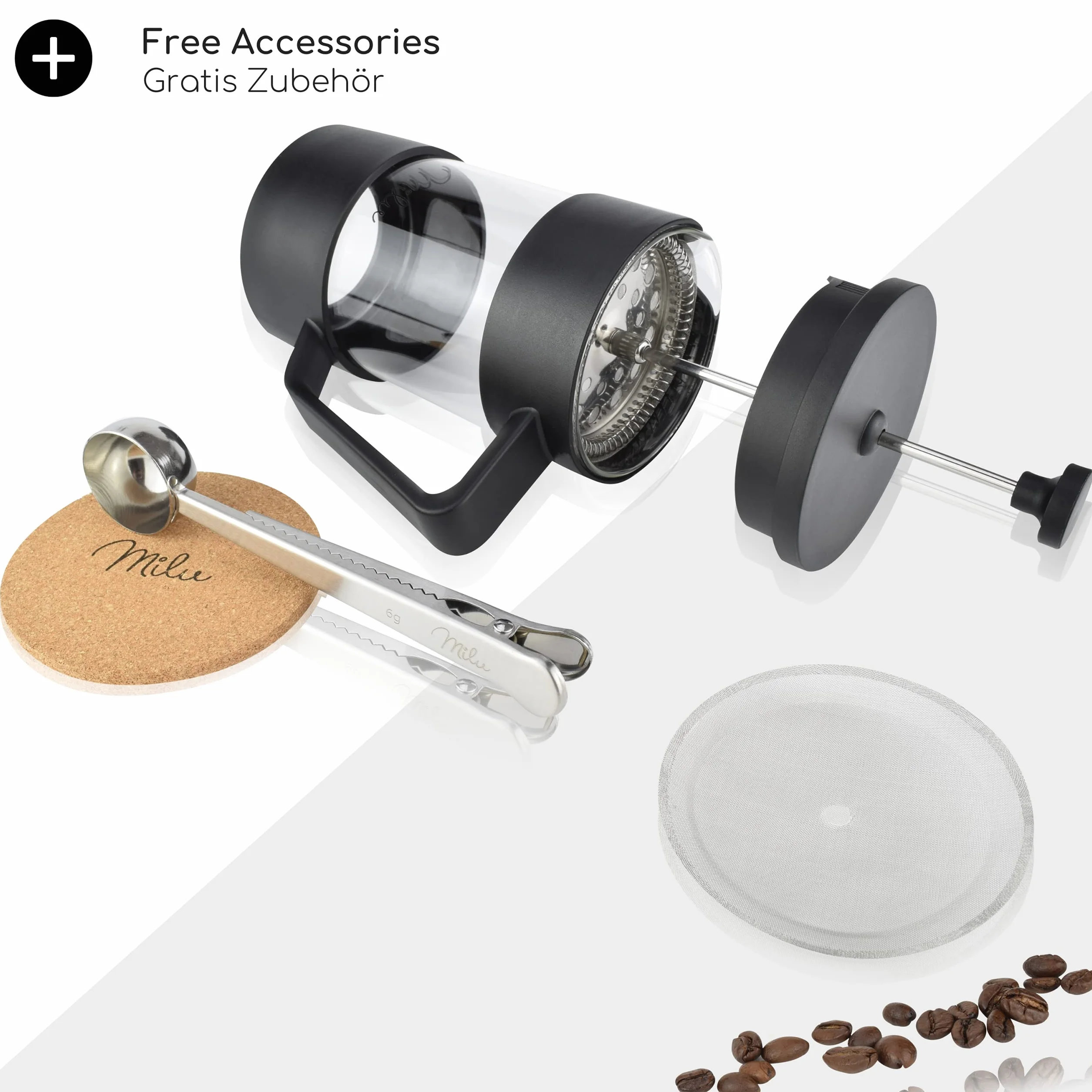 Milu Cafetera Francesa de Vidrio 600ml French Press Tetera Café Negro