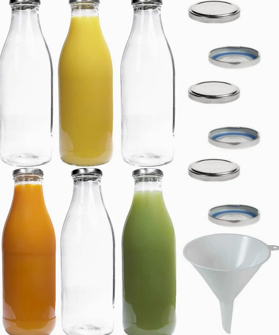 mikken Juego de 6 botellas de leche de cristal de 1 litro, con 12 tapones de rosca sin PVC, incluye embudo