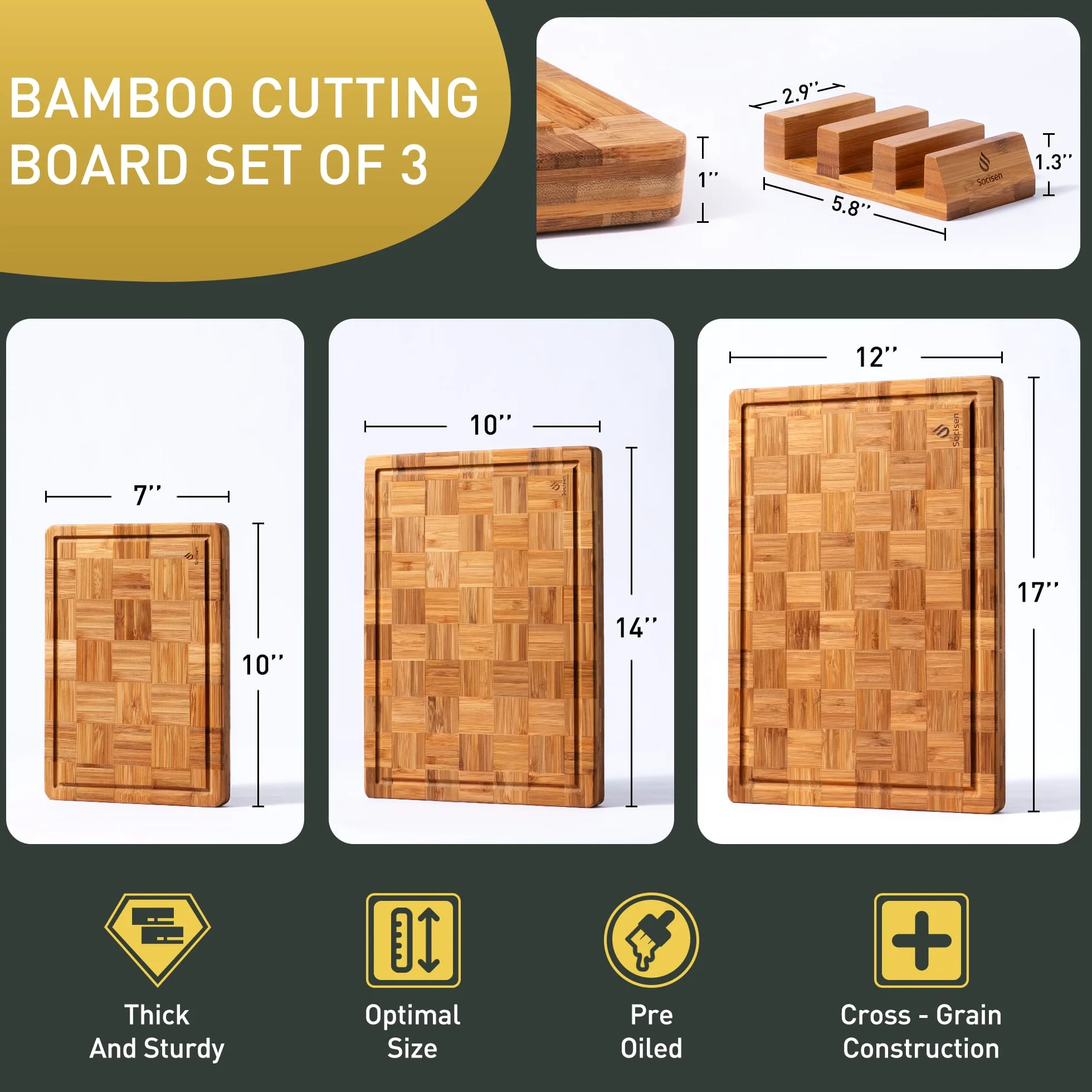 Juego de 3 tablas de cortar de bambú resistentes antideslizantes sobre el fregadero, bonita tabla de cortar de madera gruesa de grano sólido con ranura para jugo, extra grande, grande, pequeña, la